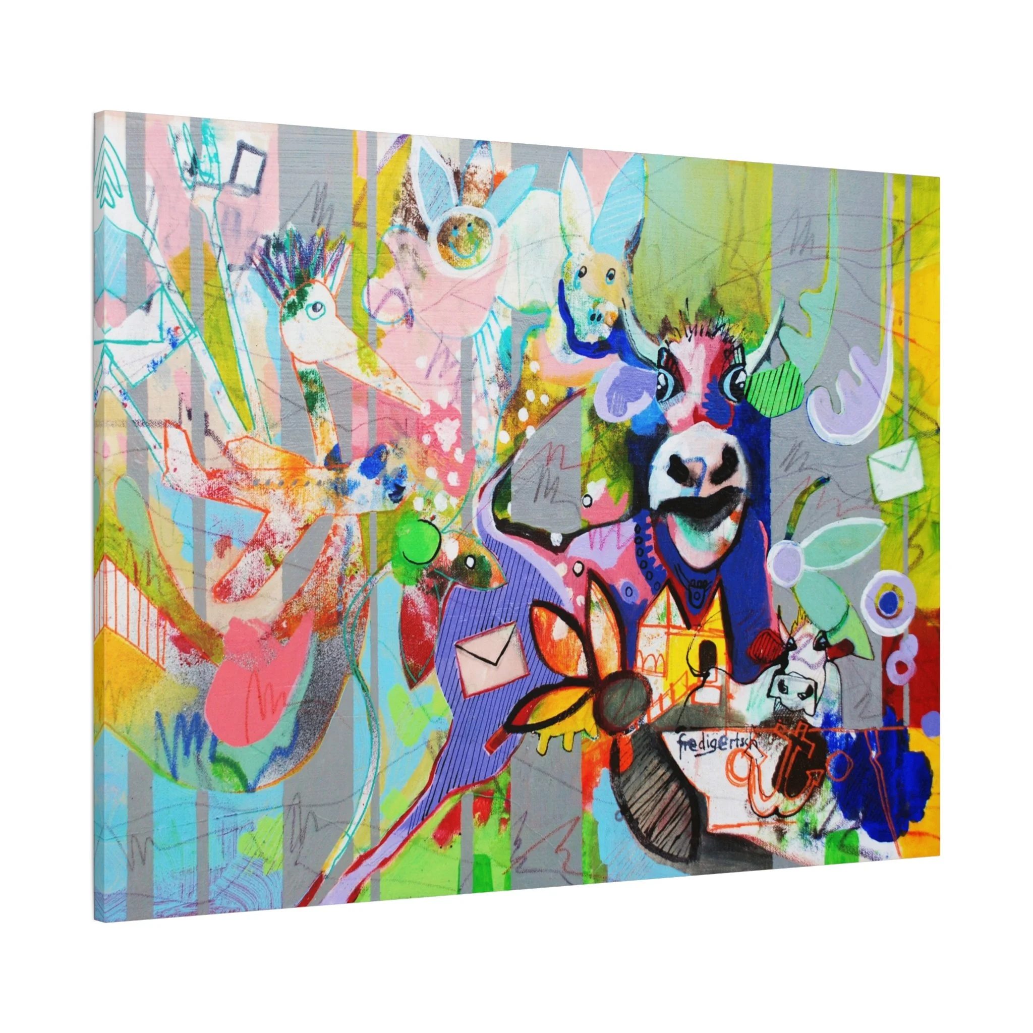 Lolitas Traum, Kunstdruck nach dem Original von Fredi Gertsch (2013), Schweizer Kunst als farbige Collage mit Kuhmotiv, Zeichen und Mustern, Serie Highlights 2013