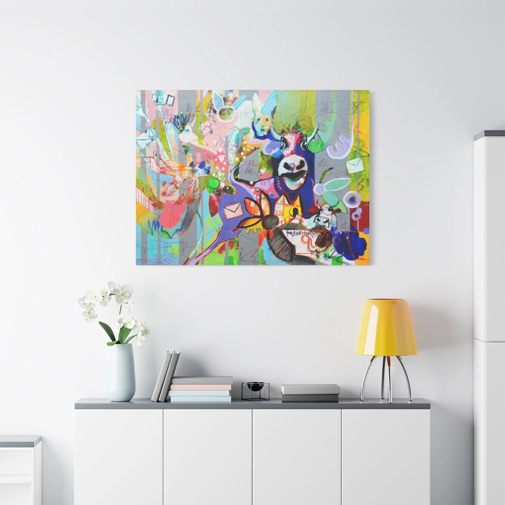 Lolitas Traum, Kunstdruck nach dem Original von Fredi Gertsch (2013), Schweizer Kunst als farbige Collage mit Kuhmotiv, Zeichen und Mustern, Serie Highlights 2013