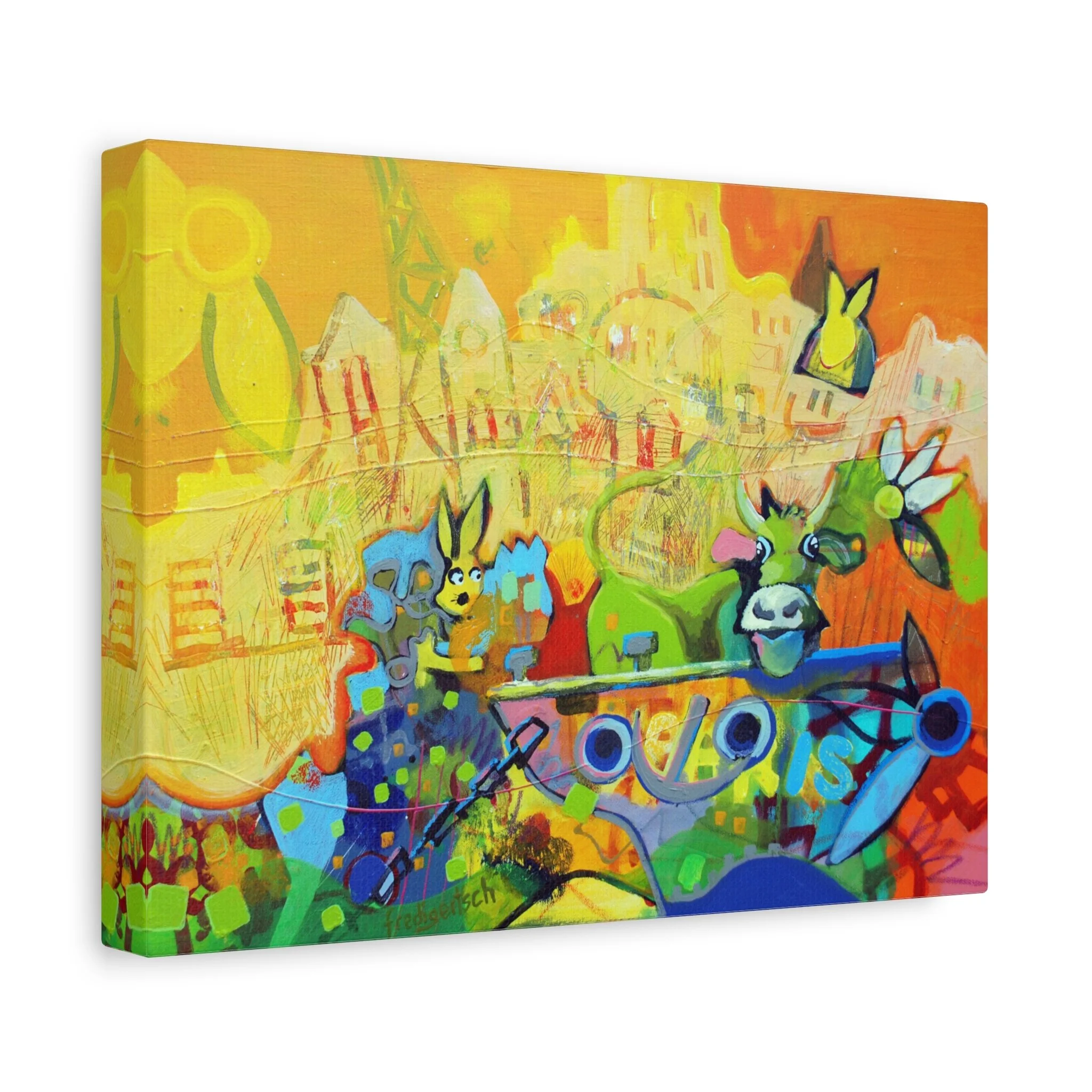 Baby Paris, Kunstdruck nach dem Original von Fredi Gertsch (2013), Schweizer Kunst mit warmen Gelb-Orange-Farben, Stadt-Feeling und Kuhmotiv, Serie Highlights 2013