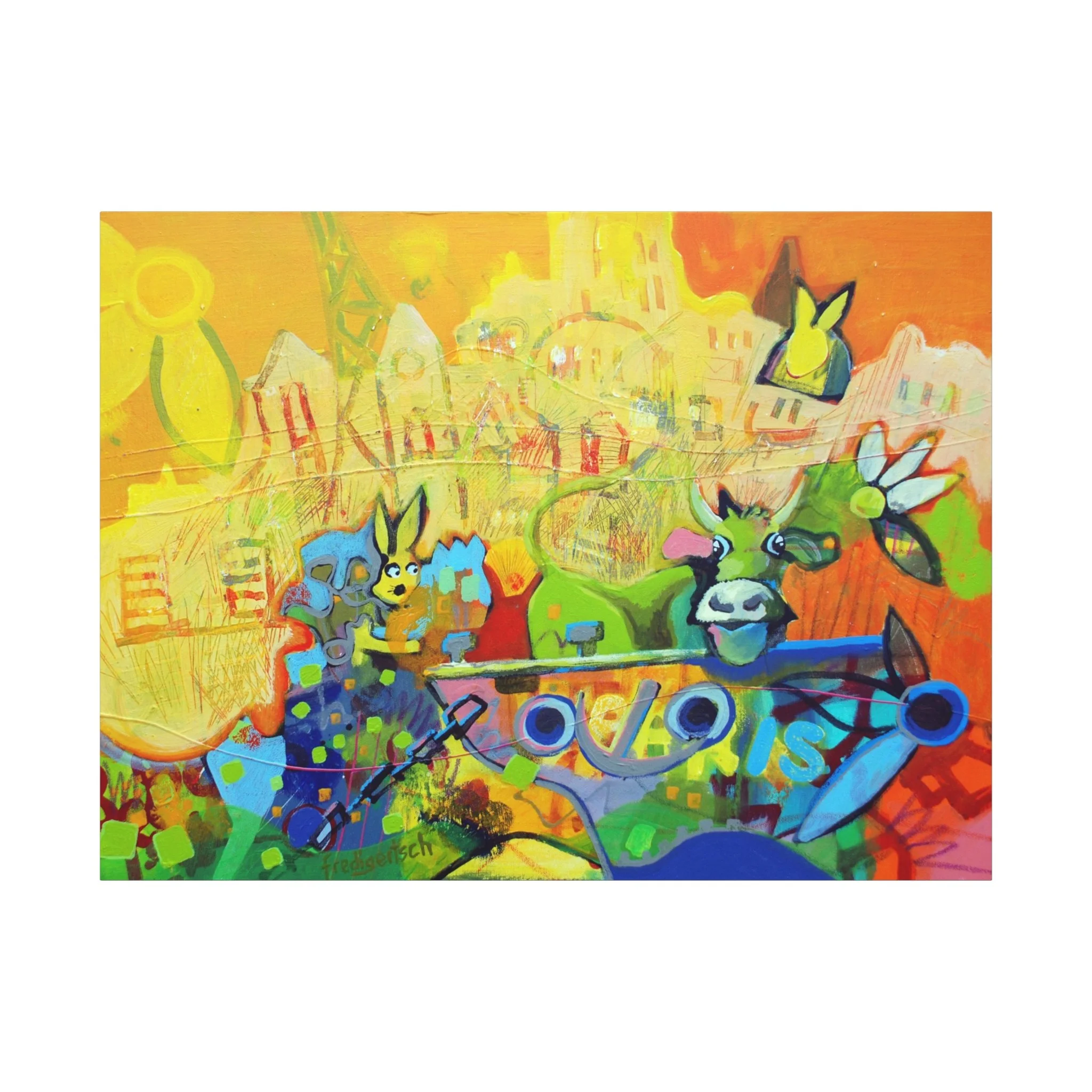 Baby Paris, Kunstdruck nach dem Original von Fredi Gertsch (2013), Schweizer Kunst mit warmen Gelb-Orange-Farben, Stadt-Feeling und Kuhmotiv, Serie Highlights 2013