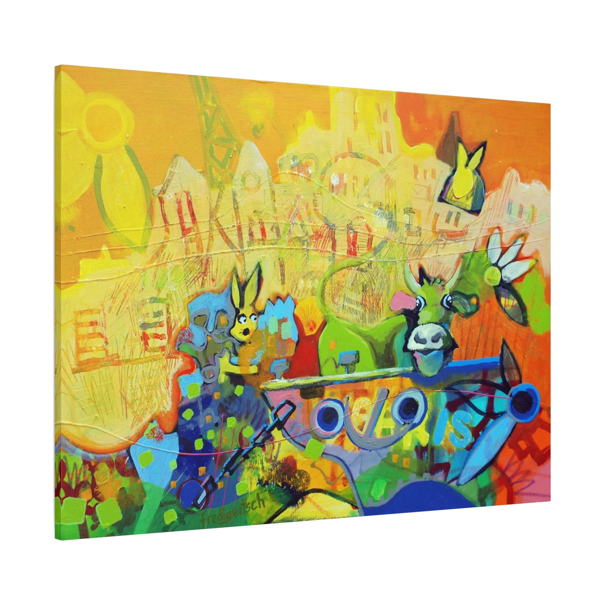 Baby Paris, Kunstdruck nach dem Original von Fredi Gertsch (2013), Schweizer Kunst mit warmen Gelb-Orange-Farben, Stadt-Feeling und Kuhmotiv, Serie Highlights 2013