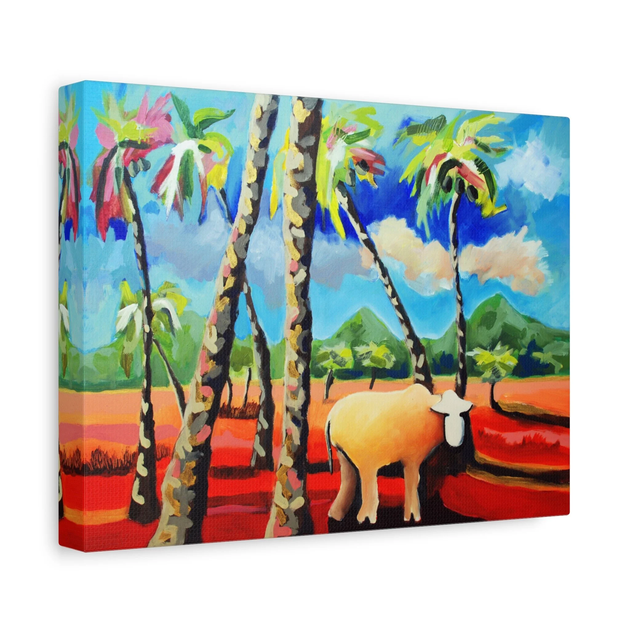 Riesenbaby, Kunstdruck nach dem Original von Fredi Gertsch (2013), Schweizer Kunst mit Palmen, Sommerlandschaft und Kuhmotiv vor blauem Himmel und roten Böden, Serie Highlights 2013