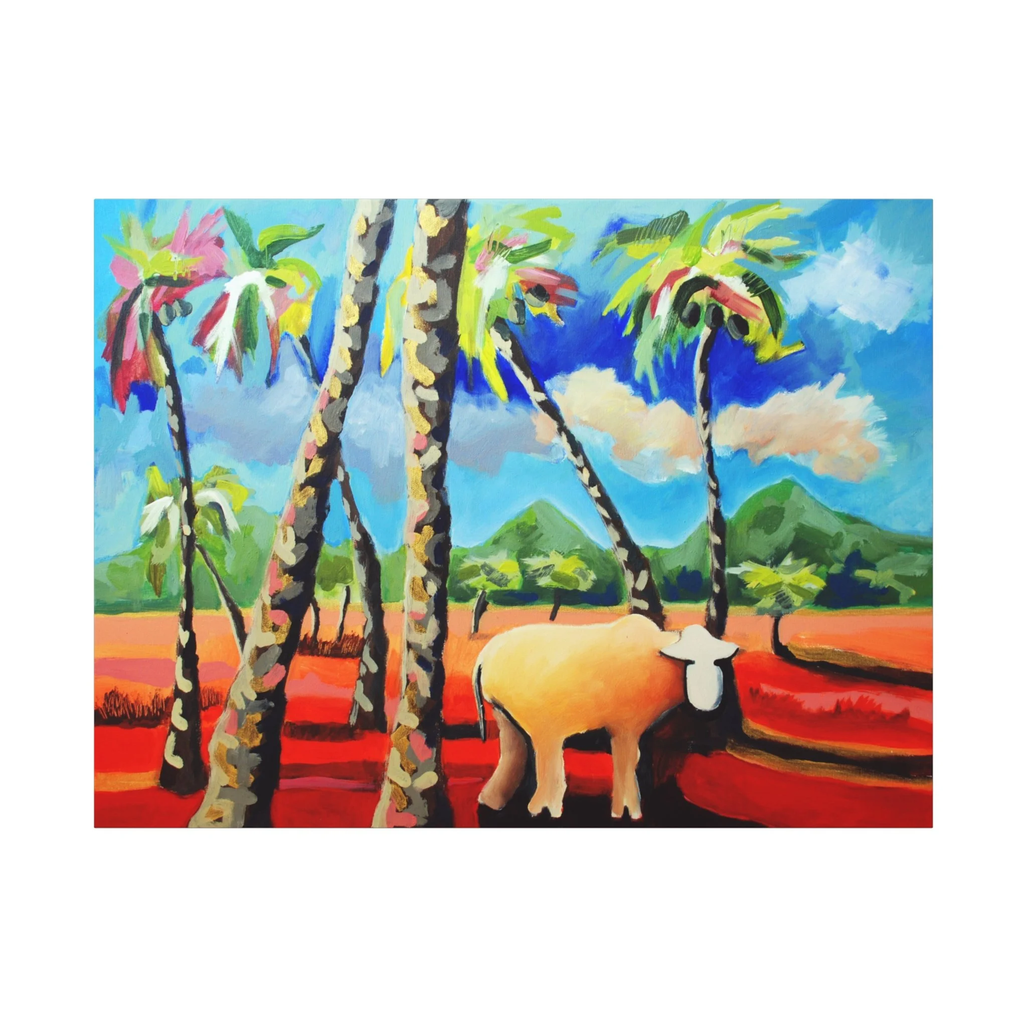 Riesenbaby, Kunstdruck nach dem Original von Fredi Gertsch (2013), Schweizer Kunst mit Palmen, Sommerlandschaft und Kuhmotiv vor blauem Himmel und roten Böden, Serie Highlights 2013