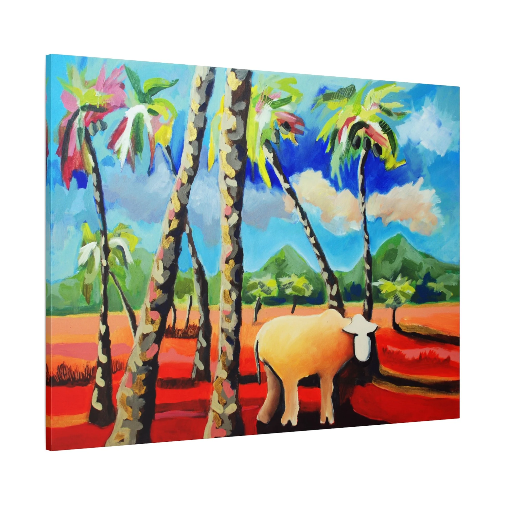 Riesenbaby, Kunstdruck nach dem Original von Fredi Gertsch (2013), Schweizer Kunst mit Palmen, Sommerlandschaft und Kuhmotiv vor blauem Himmel und roten Böden, Serie Highlights 2013