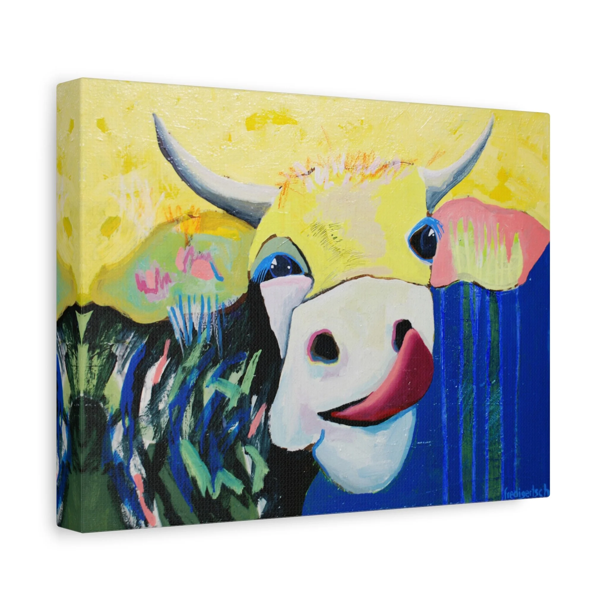 Lolita von der Weide, Kunstdruck nach dem Original von Fredi Gertsch (2023), Schweizer Kunst mit Kuhmotiv in Grün und Blau mit Collage-Elementen, Punkten und Blumen, Serie Highlights 2023