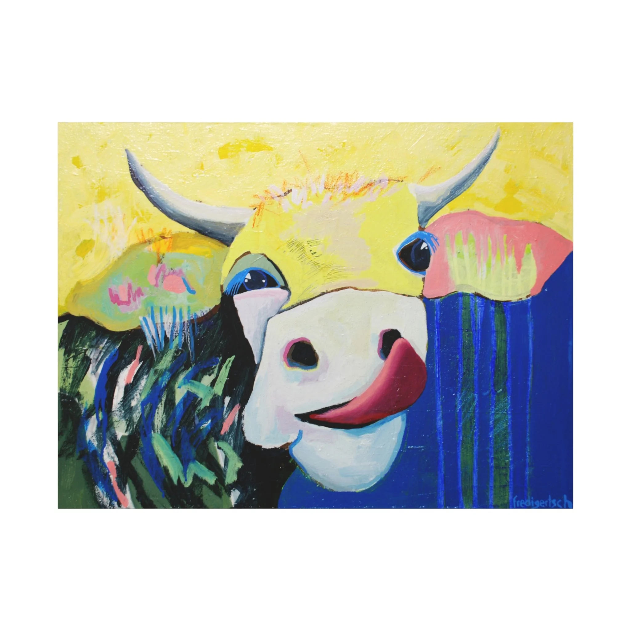 Lolita von der Weide, Kunstdruck nach dem Original von Fredi Gertsch (2023), Schweizer Kunst mit Kuhmotiv in Grün und Blau mit Collage-Elementen, Punkten und Blumen, Serie Highlights 2023