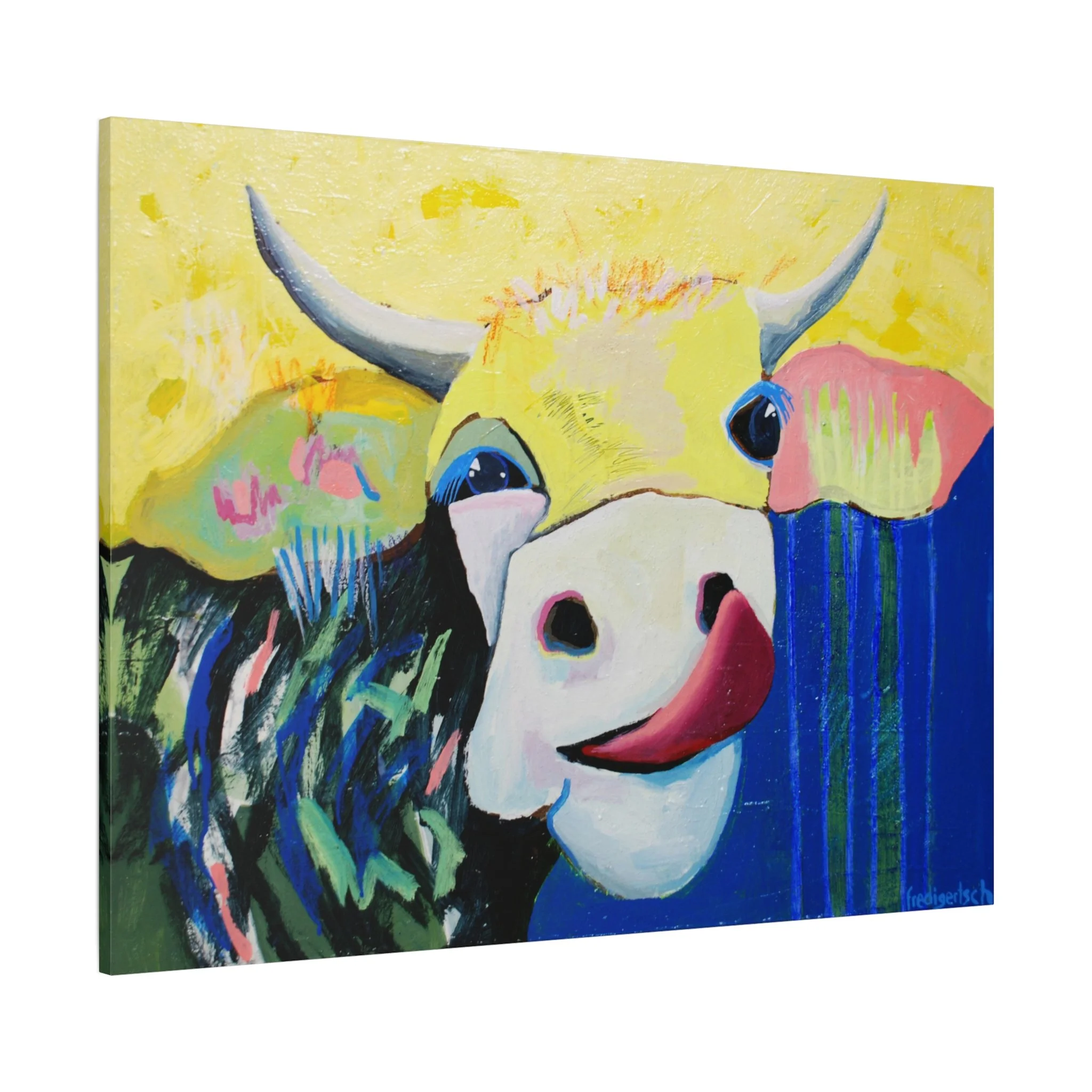 Lolita von der Weide, Kunstdruck nach dem Original von Fredi Gertsch (2023), Schweizer Kunst mit Kuhmotiv in Grün und Blau mit Collage-Elementen, Punkten und Blumen, Serie Highlights 2023