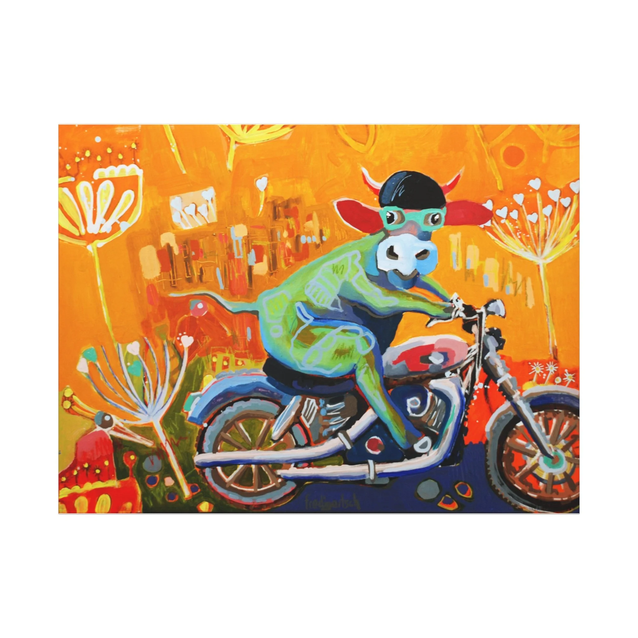 MotoLisi, Kunstdruck nach dem Original von Fredi Gertsch (2013), Schweizer Kunst mit VogelLisi-Kuh auf Motorrad mit Helm und Sonnenbrille in orangefarbener Landschaft, Serie Highlights 2013