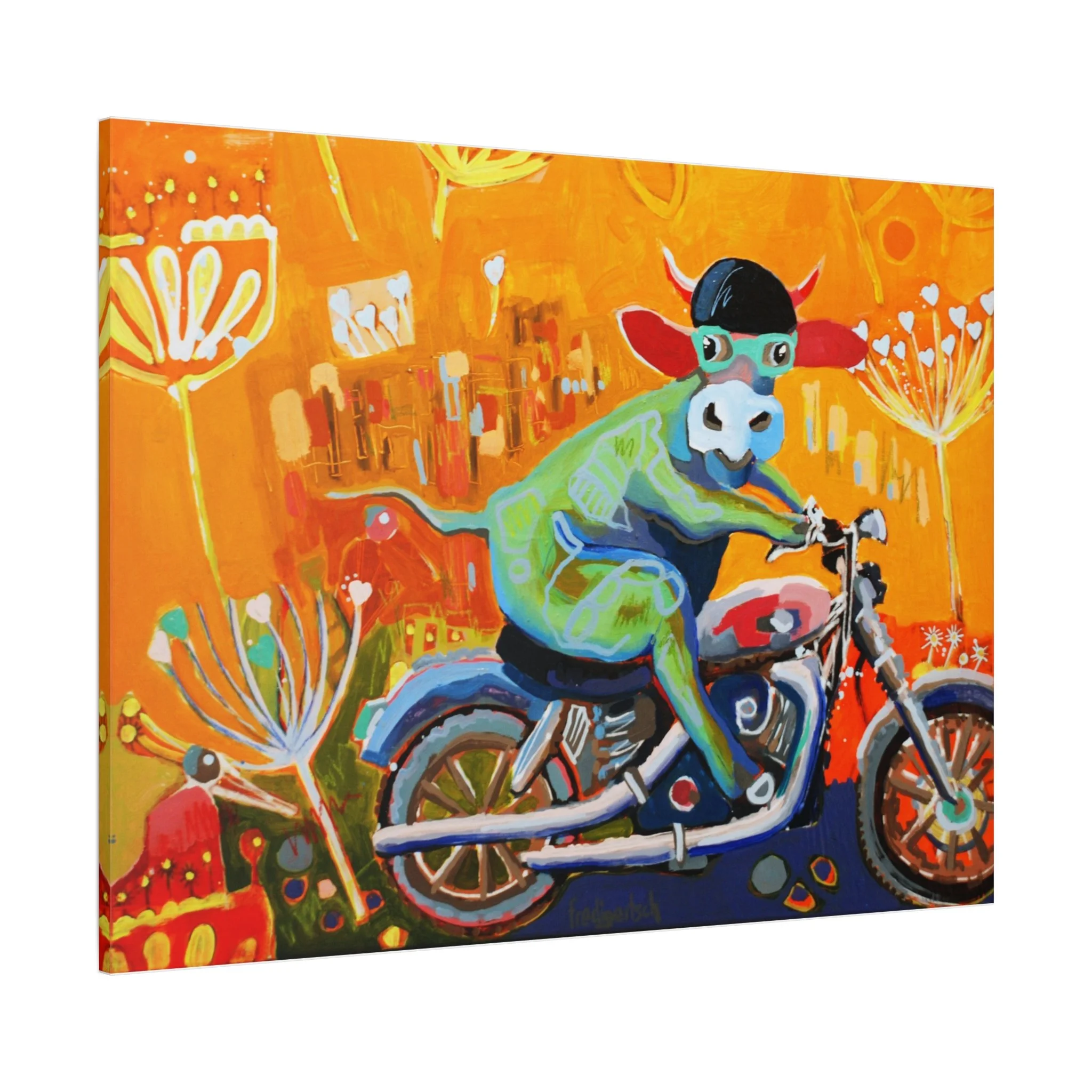 MotoLisi, Kunstdruck nach dem Original von Fredi Gertsch (2013), Schweizer Kunst mit VogelLisi-Kuh auf Motorrad mit Helm und Sonnenbrille in orangefarbener Landschaft, Serie Highlights 2013