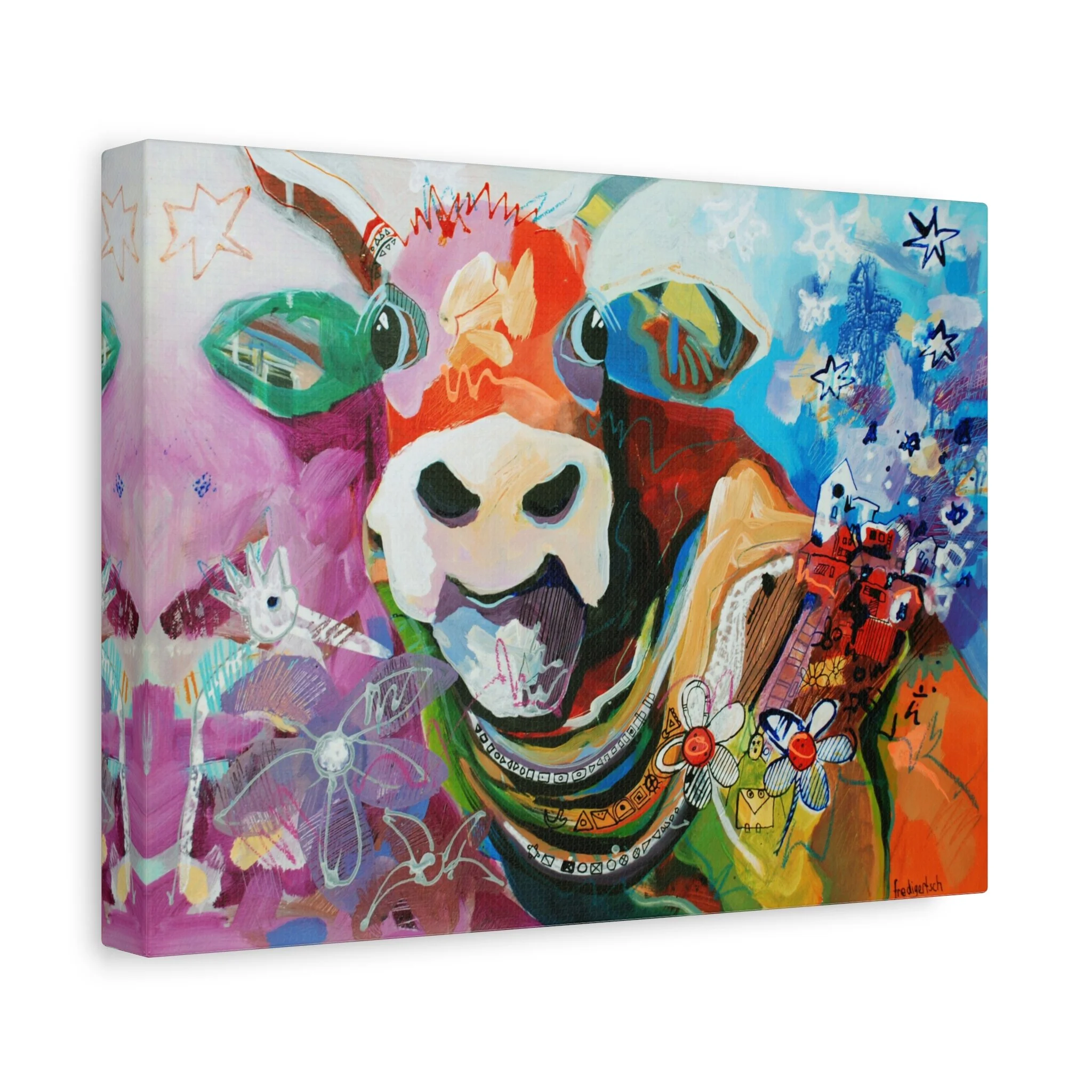 Baby Blümchen, Kunstdruck nach dem Original von Fredi Gertsch (2013), Schweizer Kunst mit Kuhporträt und Blumen-Elementen in Pink, Orange und Türkis, Serie Highlights 2013