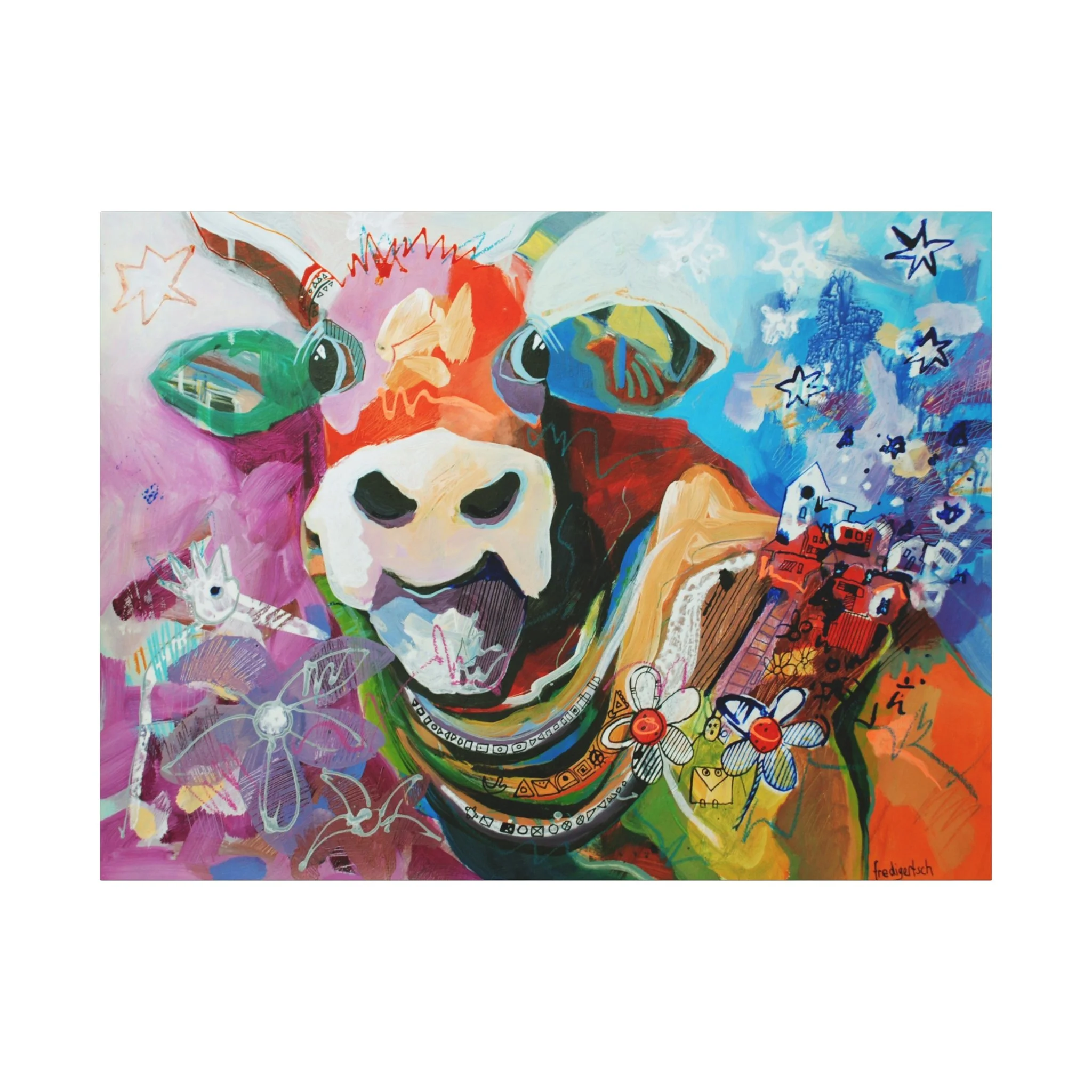 Baby Blümchen, Kunstdruck nach dem Original von Fredi Gertsch (2013), Schweizer Kunst mit Kuhporträt und Blumen-Elementen in Pink, Orange und Türkis, Serie Highlights 2013