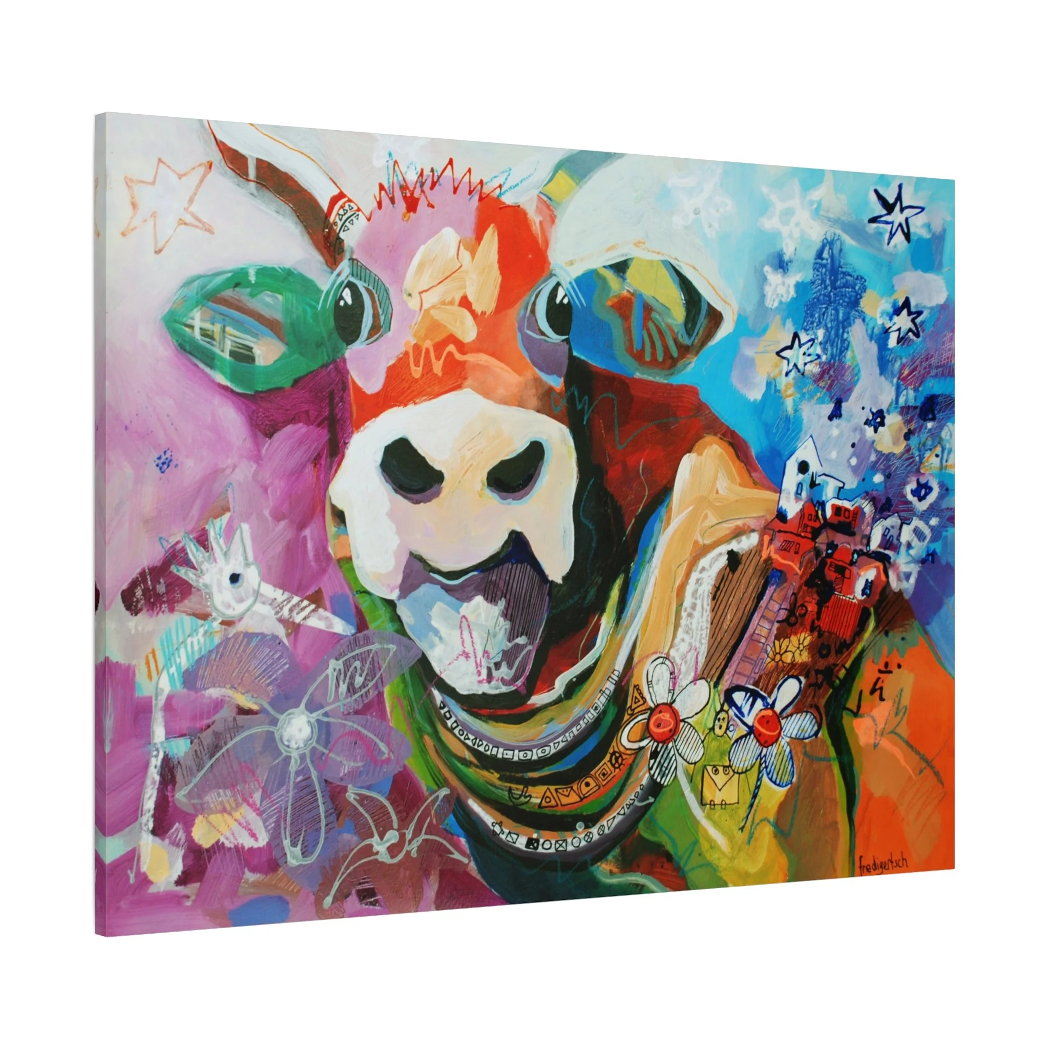 Baby Blümchen, Kunstdruck nach dem Original von Fredi Gertsch (2013), Schweizer Kunst mit Kuhporträt und Blumen-Elementen in Pink, Orange und Türkis, Serie Highlights 2013