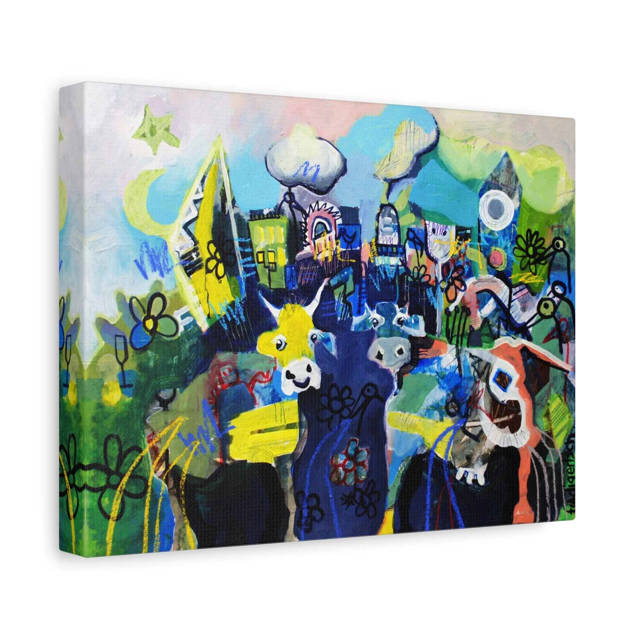 Herde heimzu, Kunstdruck nach dem Original von Fredi Gertsch (2013), Schweizer Kunst mit Herden- und Kuhmotiven in Blau-Gelb mit Dämmerungsstimmung, Serie Highlights 2013