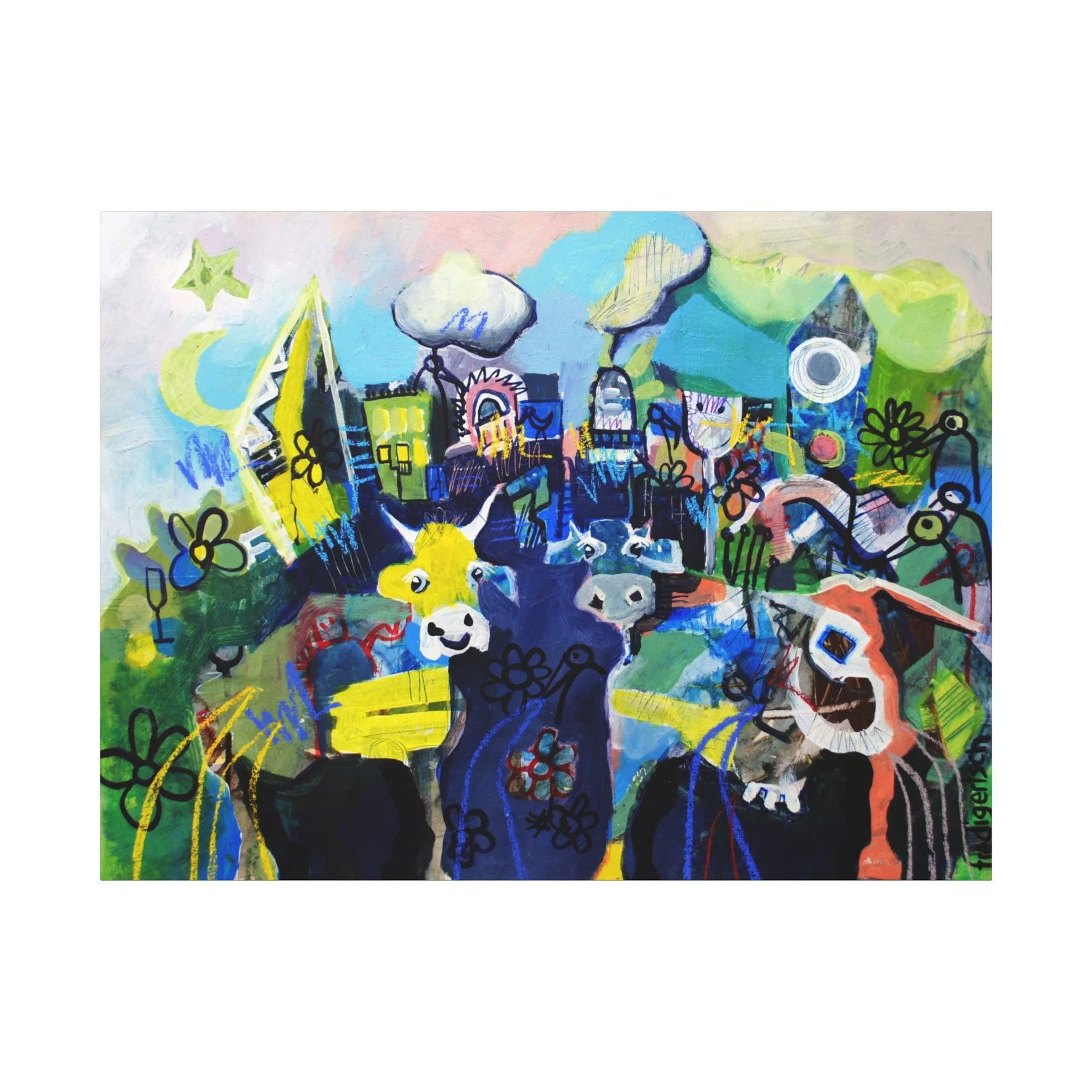 Herde heimzu, Kunstdruck nach dem Original von Fredi Gertsch (2013), Schweizer Kunst mit Herden- und Kuhmotiven in Blau-Gelb mit Dämmerungsstimmung, Serie Highlights 2013