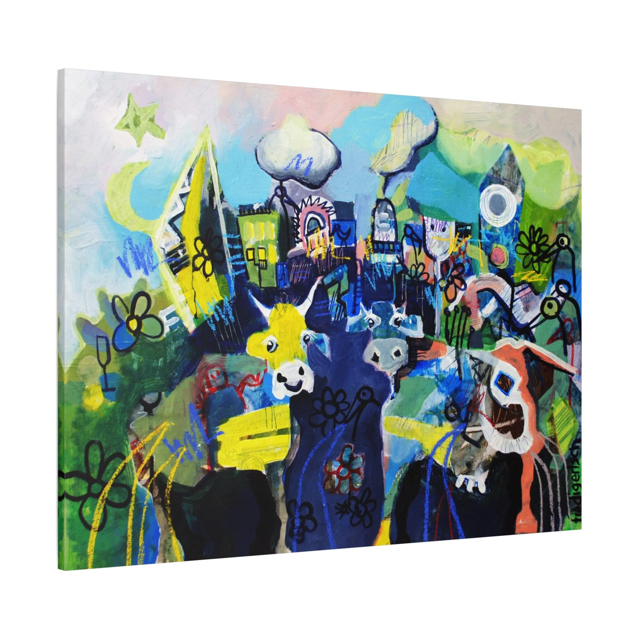 Herde heimzu, Kunstdruck nach dem Original von Fredi Gertsch (2013), Schweizer Kunst mit Herden- und Kuhmotiven in Blau-Gelb mit Dämmerungsstimmung, Serie Highlights 2013