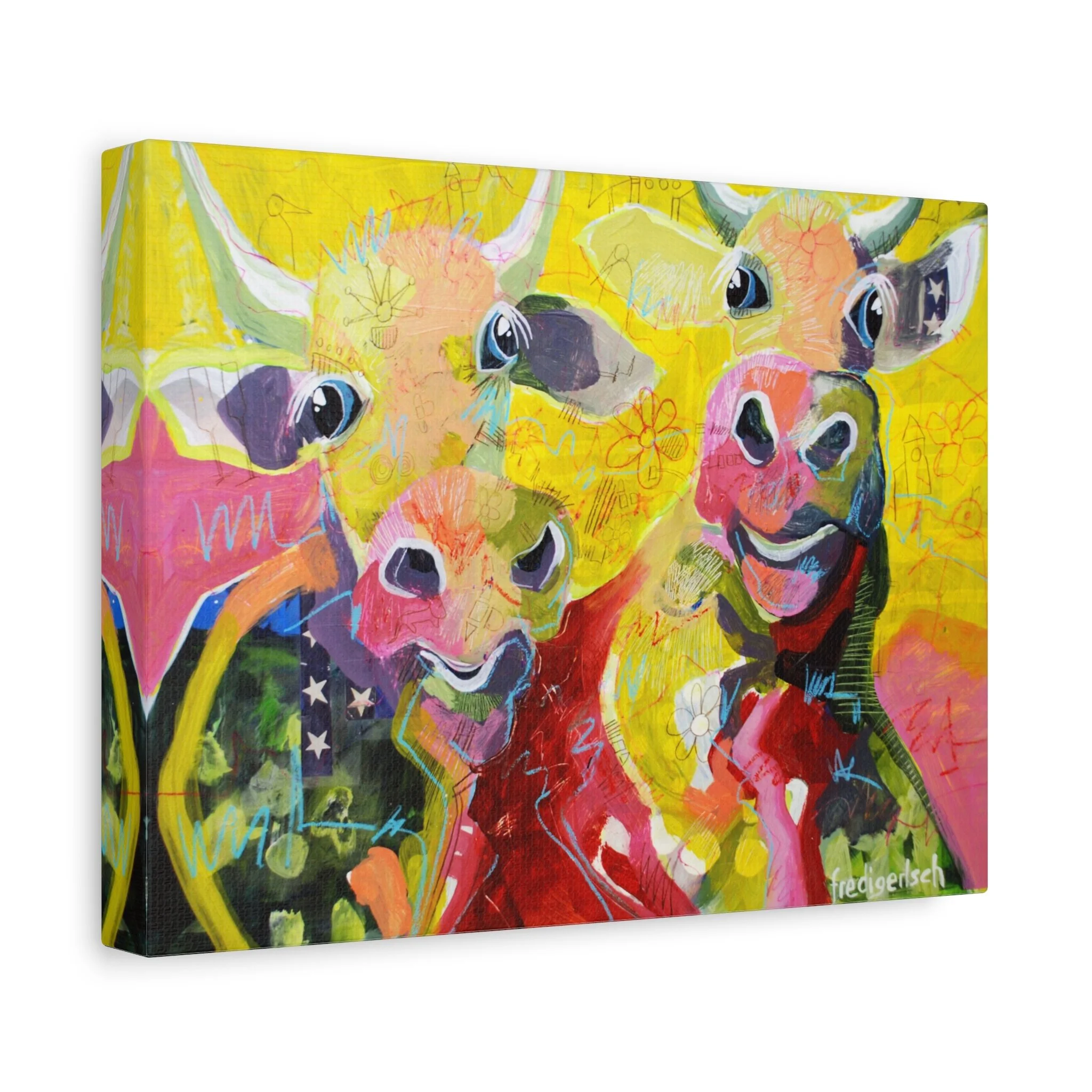 A-Hörnchen & B-Hörnchen, Kunstdruck nach dem Original von Fredi Gertsch (2013), Schweizer Kunst mit zwei Kuhporträts in Gelb, Pink und Rot, Serie Highlights 2013