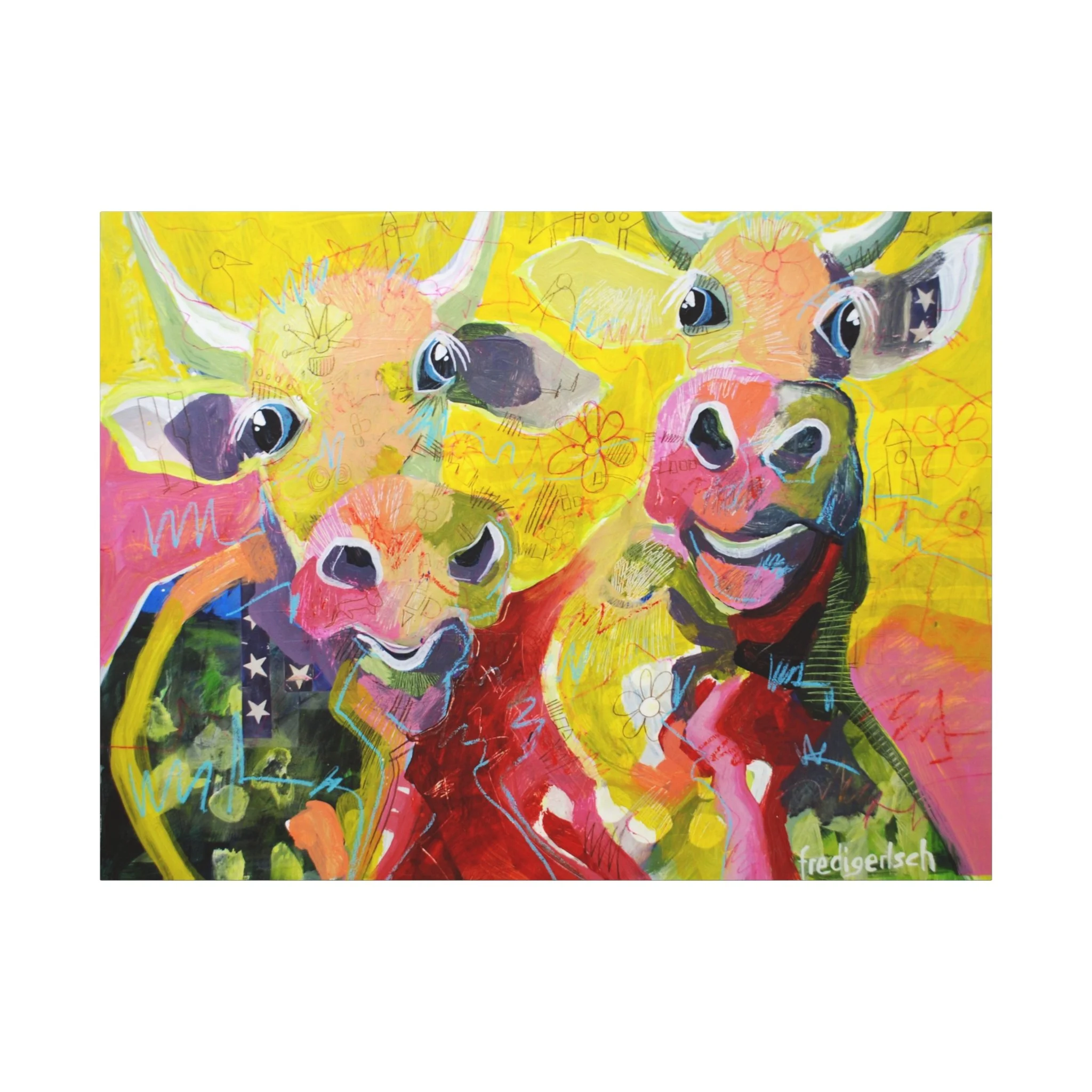 A-Hörnchen & B-Hörnchen, Kunstdruck nach dem Original von Fredi Gertsch (2013), Schweizer Kunst mit zwei Kuhporträts in Gelb, Pink und Rot, Serie Highlights 2013
