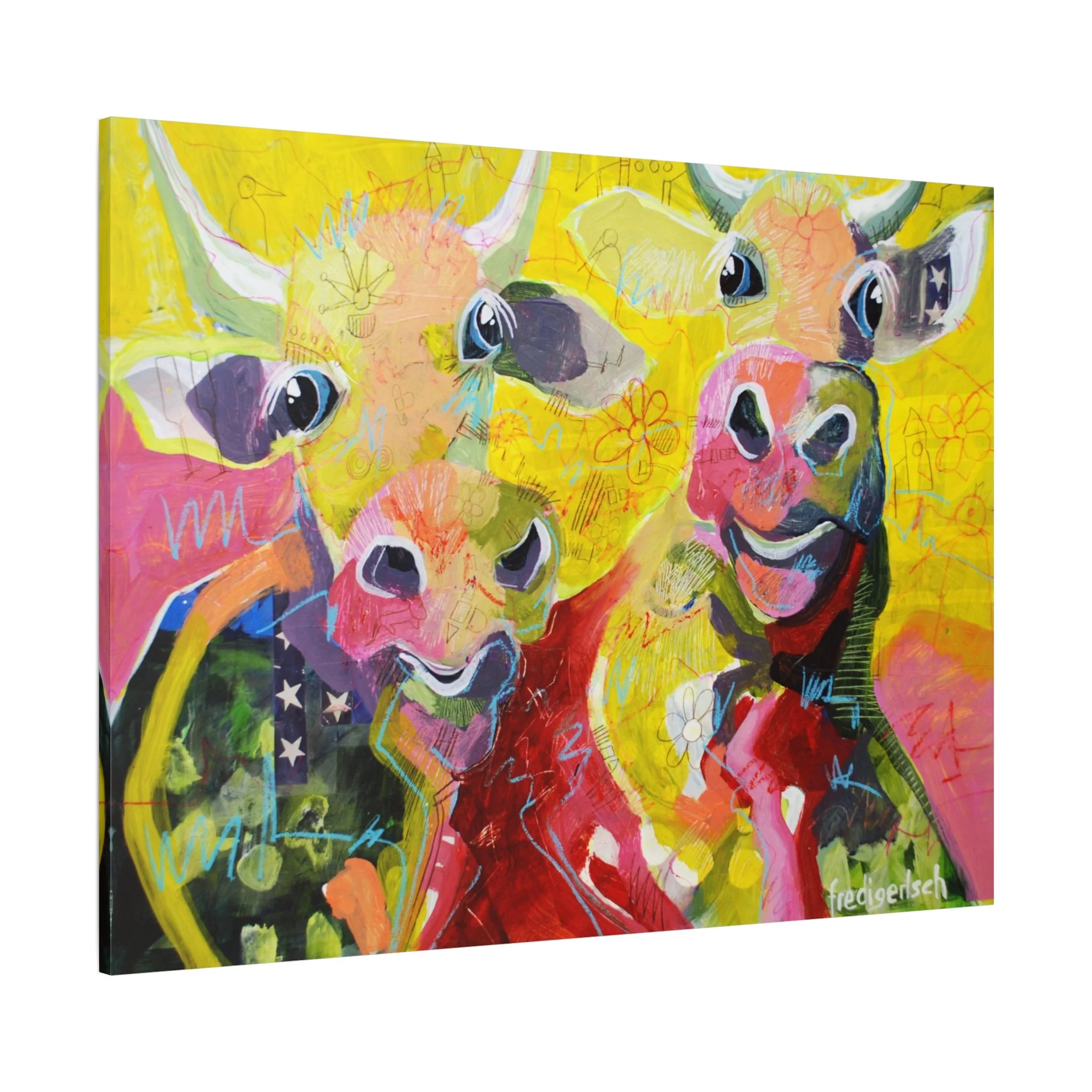 A-Hörnchen & B-Hörnchen, Kunstdruck nach dem Original von Fredi Gertsch (2013), Schweizer Kunst mit zwei Kuhporträts in Gelb, Pink und Rot, Serie Highlights 2013