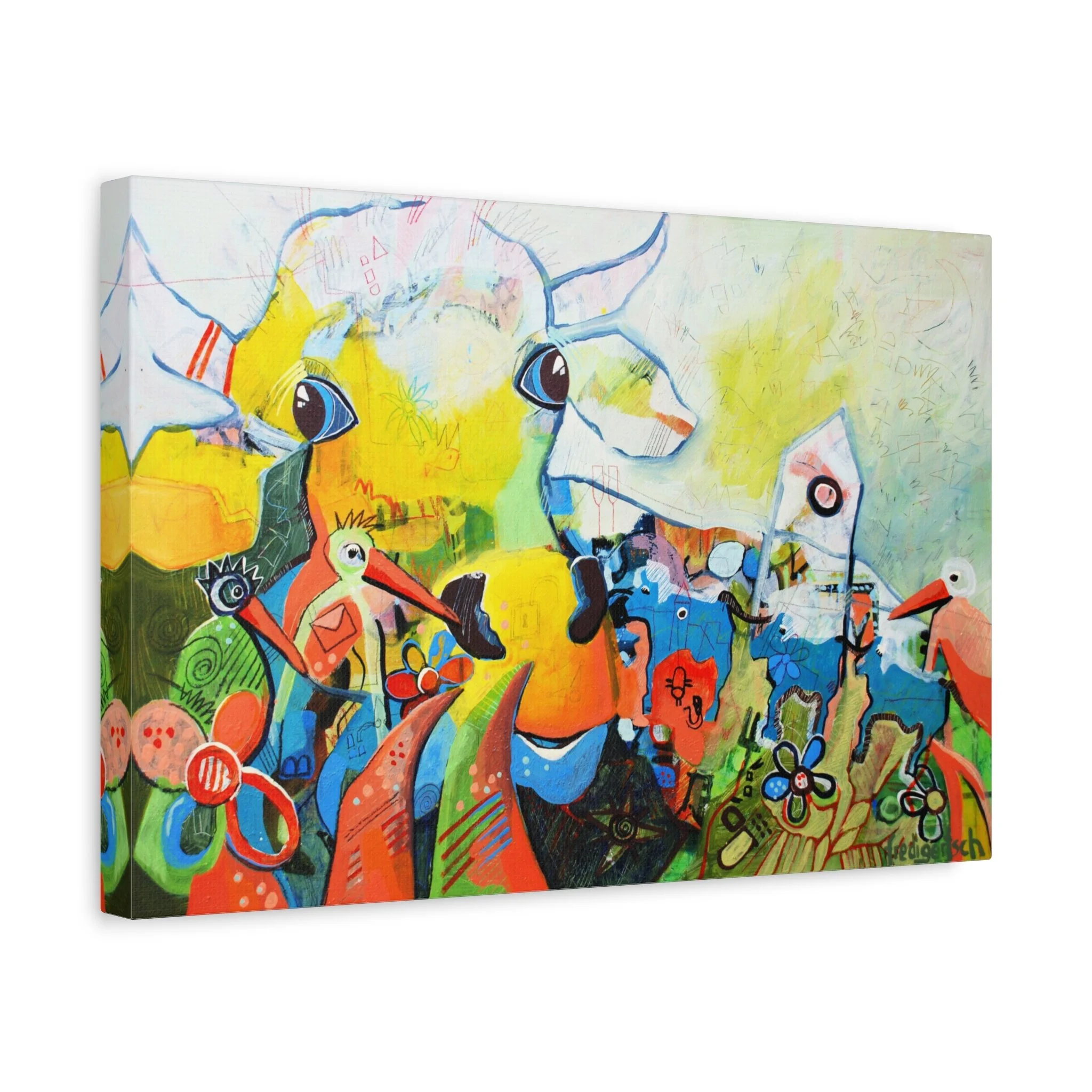 AlpenRockLady, Kunstdruck nach dem Original von Fredi Gertsch (2013), Schweizer Kunst mit grossem Kuhmotiv und bunten Alpen-Pop-Art-Elementen, Serie Highlights 2013