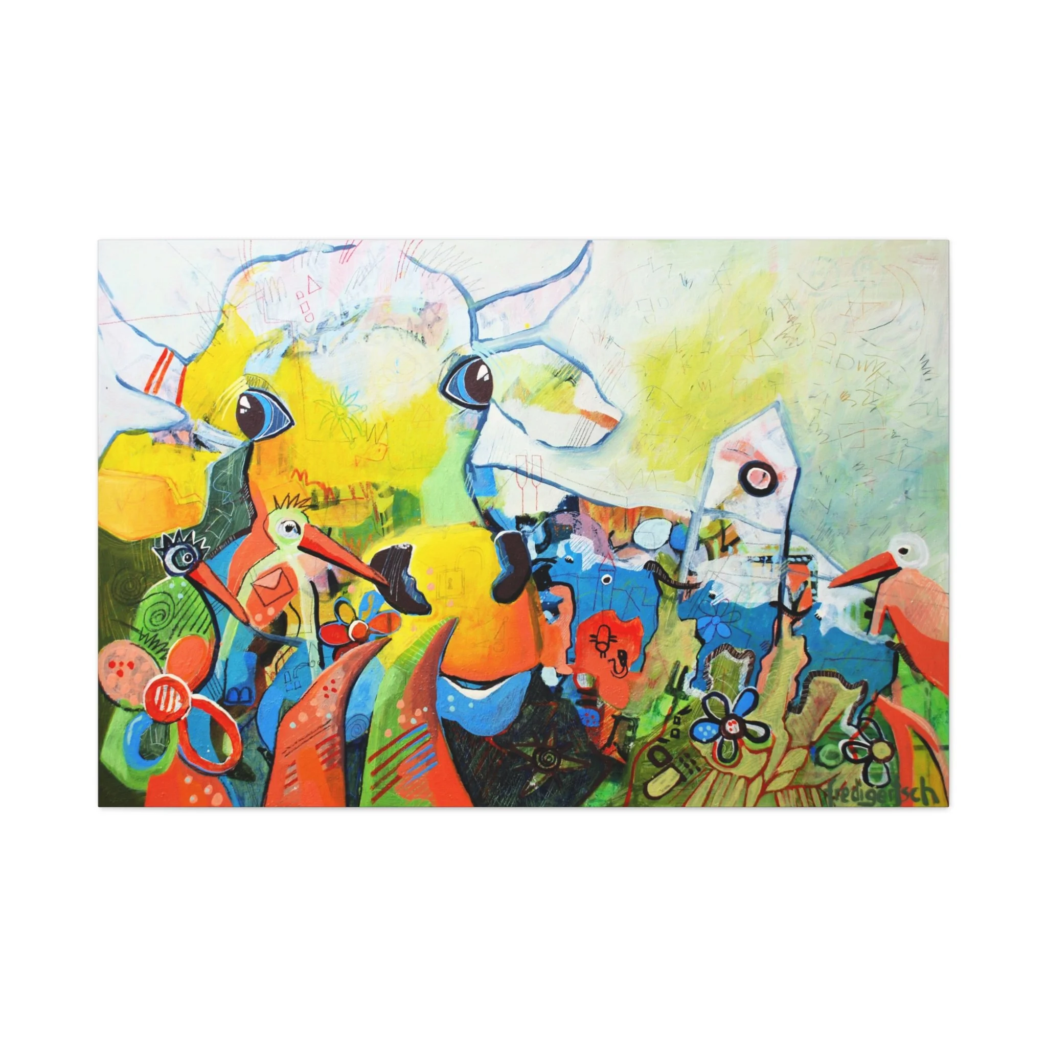 AlpenRockLady, Kunstdruck nach dem Original von Fredi Gertsch (2013), Schweizer Kunst mit grossem Kuhmotiv und bunten Alpen-Pop-Art-Elementen, Serie Highlights 2013