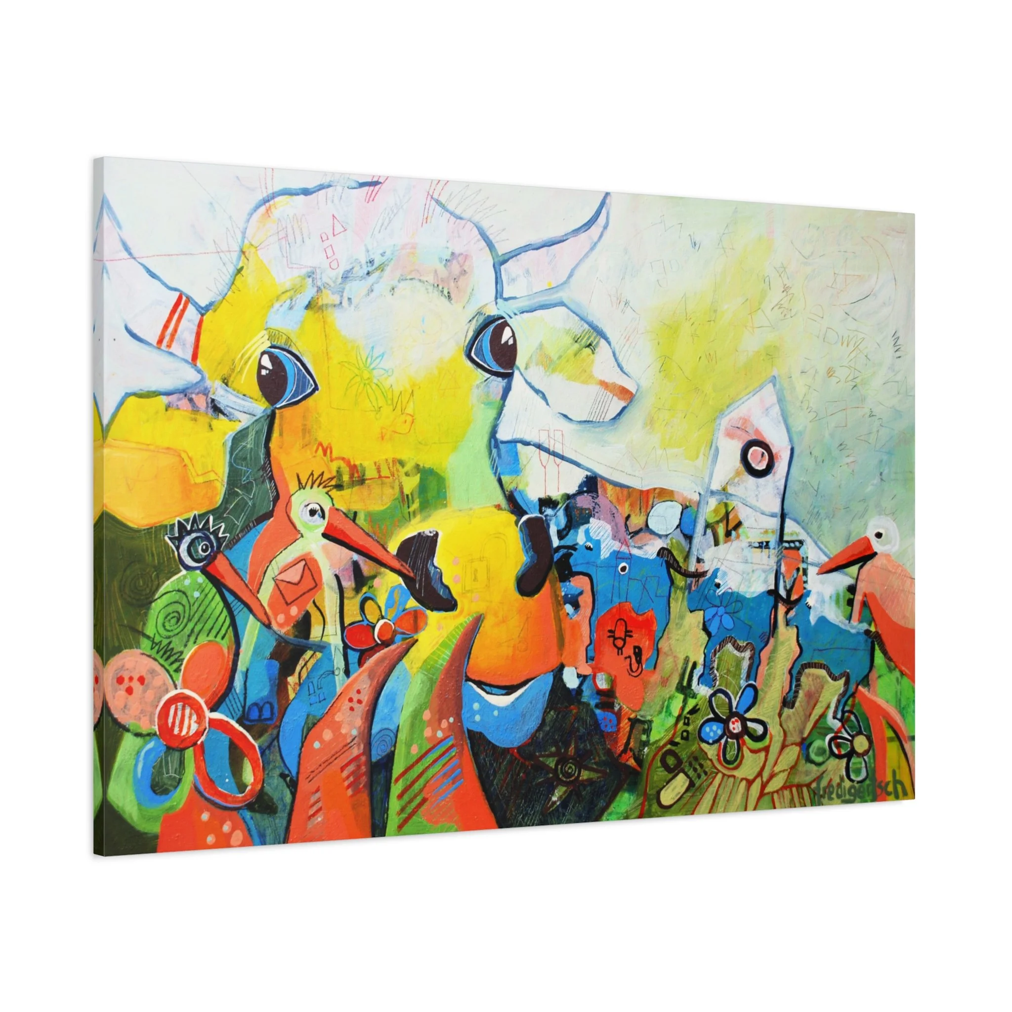 AlpenRockLady, Kunstdruck nach dem Original von Fredi Gertsch (2013), Schweizer Kunst mit grossem Kuhmotiv und bunten Alpen-Pop-Art-Elementen, Serie Highlights 2013