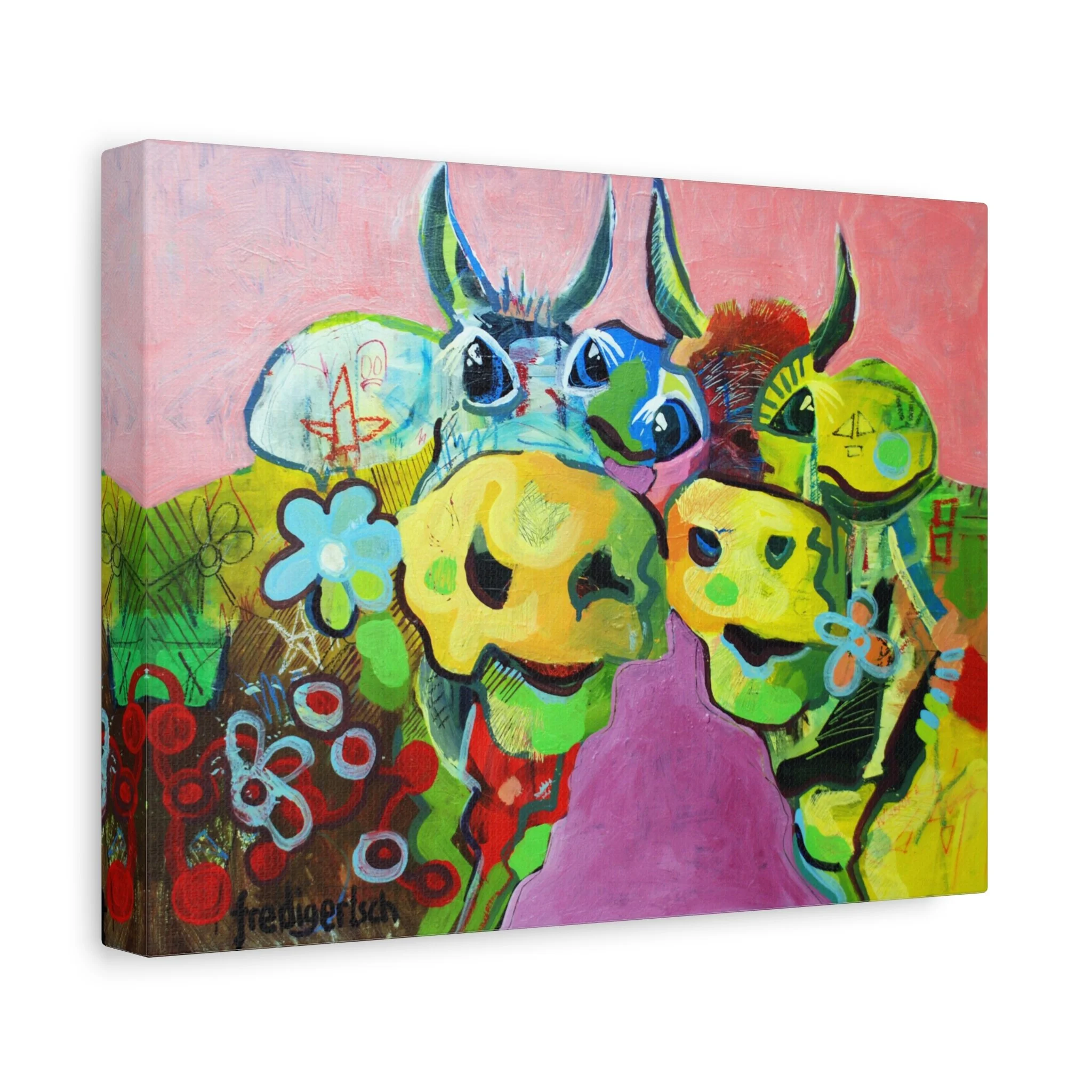 A-Hörnchen & B-Hörnchen, Kunstdruck nach dem Original von Fredi Gertsch (2013), Schweizer Kunst mit zwei Kuhporträts vor rosa Hintergrund mit Blumen-Details, Serie Highlights 2013