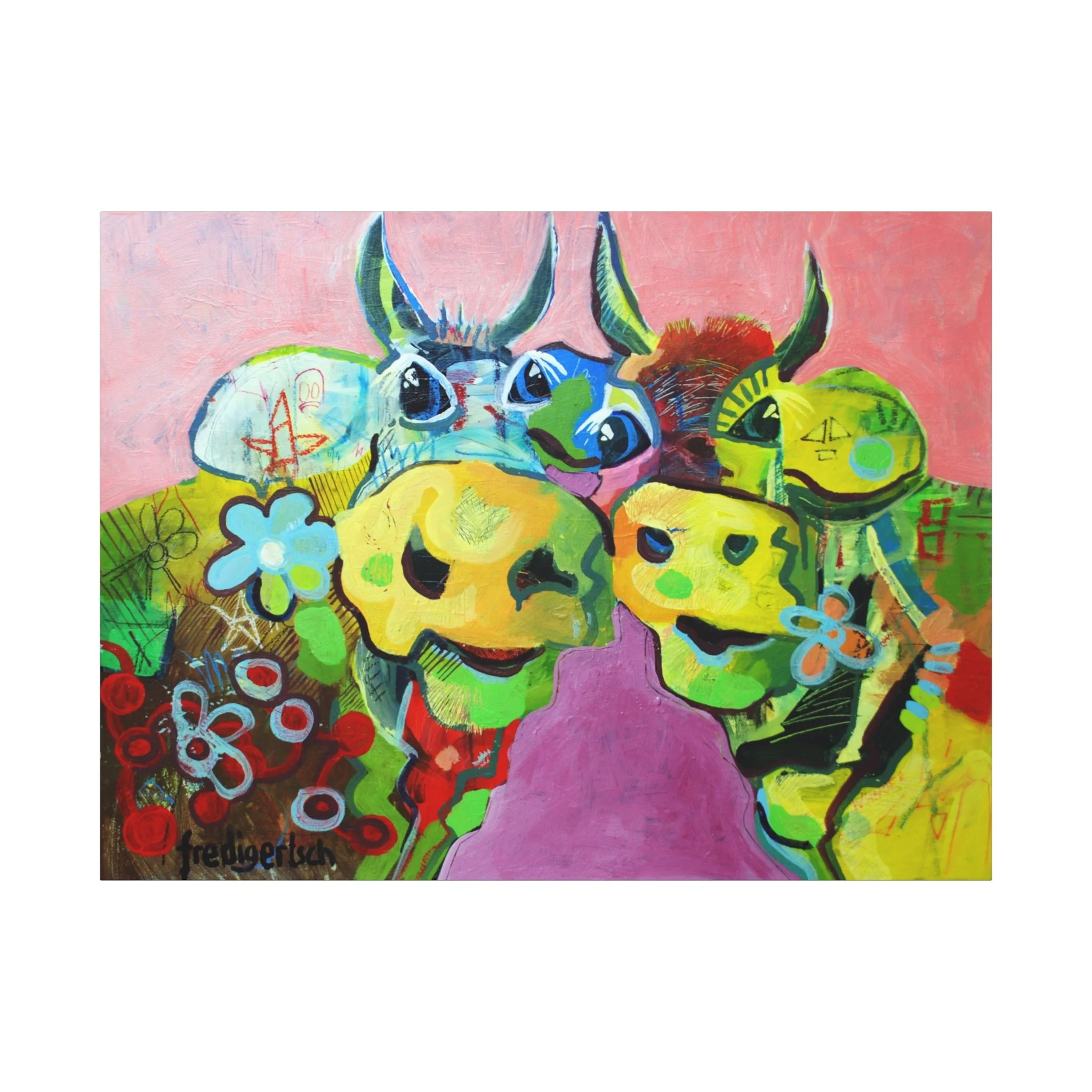 A-Hörnchen & B-Hörnchen, Kunstdruck nach dem Original von Fredi Gertsch (2013), Schweizer Kunst mit zwei Kuhporträts vor rosa Hintergrund mit Blumen-Details, Serie Highlights 2013