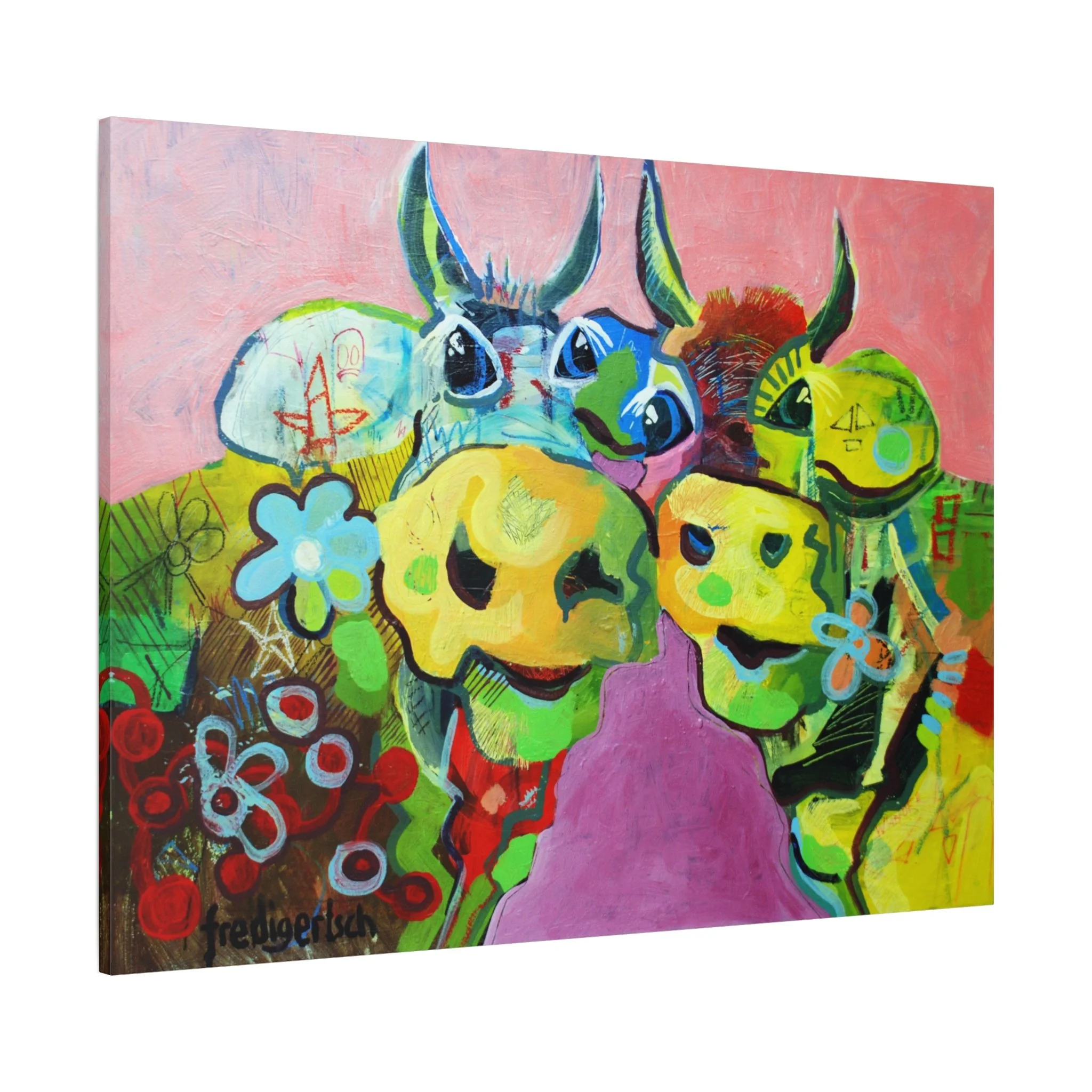 A-Hörnchen & B-Hörnchen, Kunstdruck nach dem Original von Fredi Gertsch (2013), Schweizer Kunst mit zwei Kuhporträts vor rosa Hintergrund mit Blumen-Details, Serie Highlights 2013