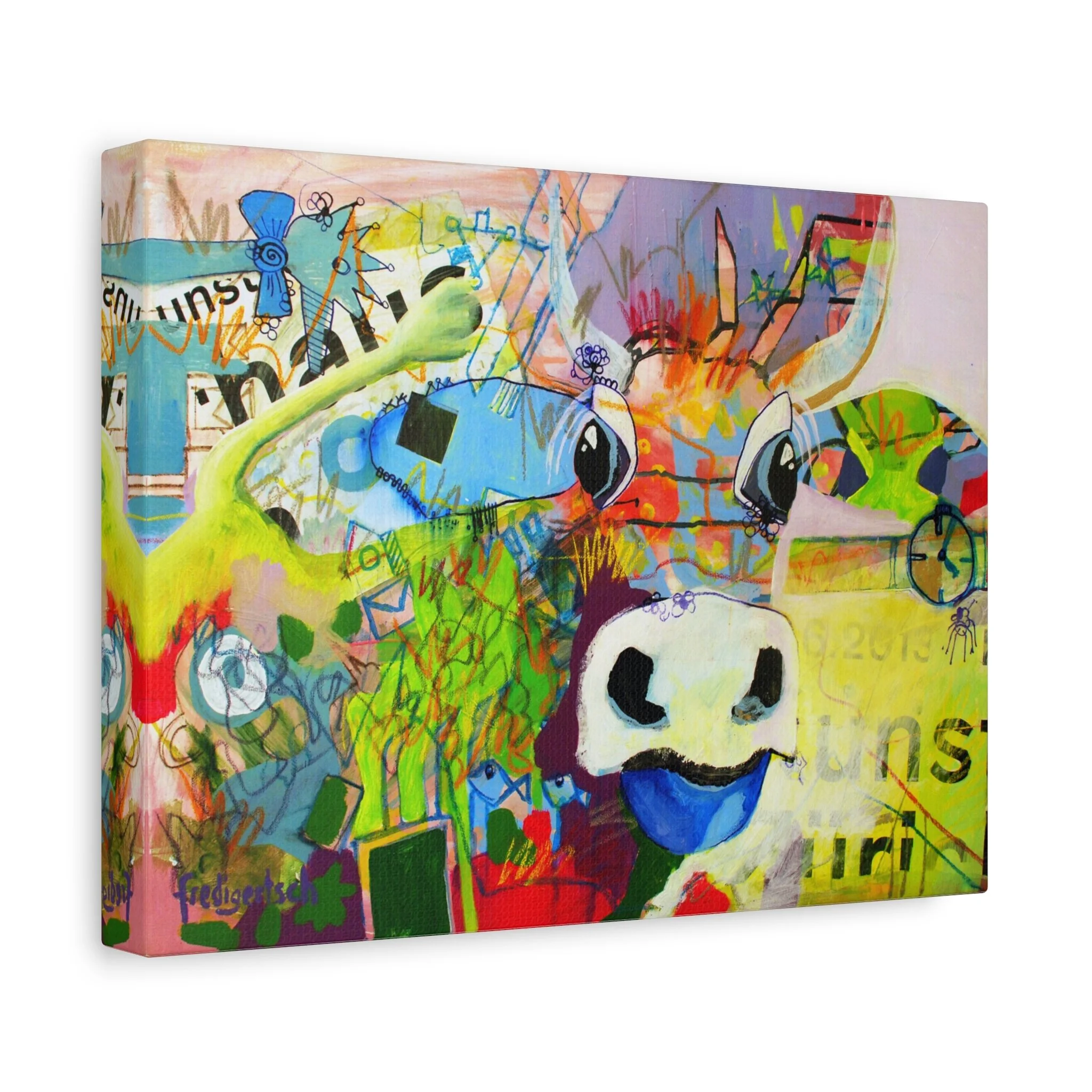 Baby On Art, Kunstdruck nach dem Original von Fredi Gertsch (2013), Schweizer Kunst als farbige Pop-Art-Collage mit Kuhmotiv, Symbolen und urbanem Atelier-Feeling, Serie Highlights 2013