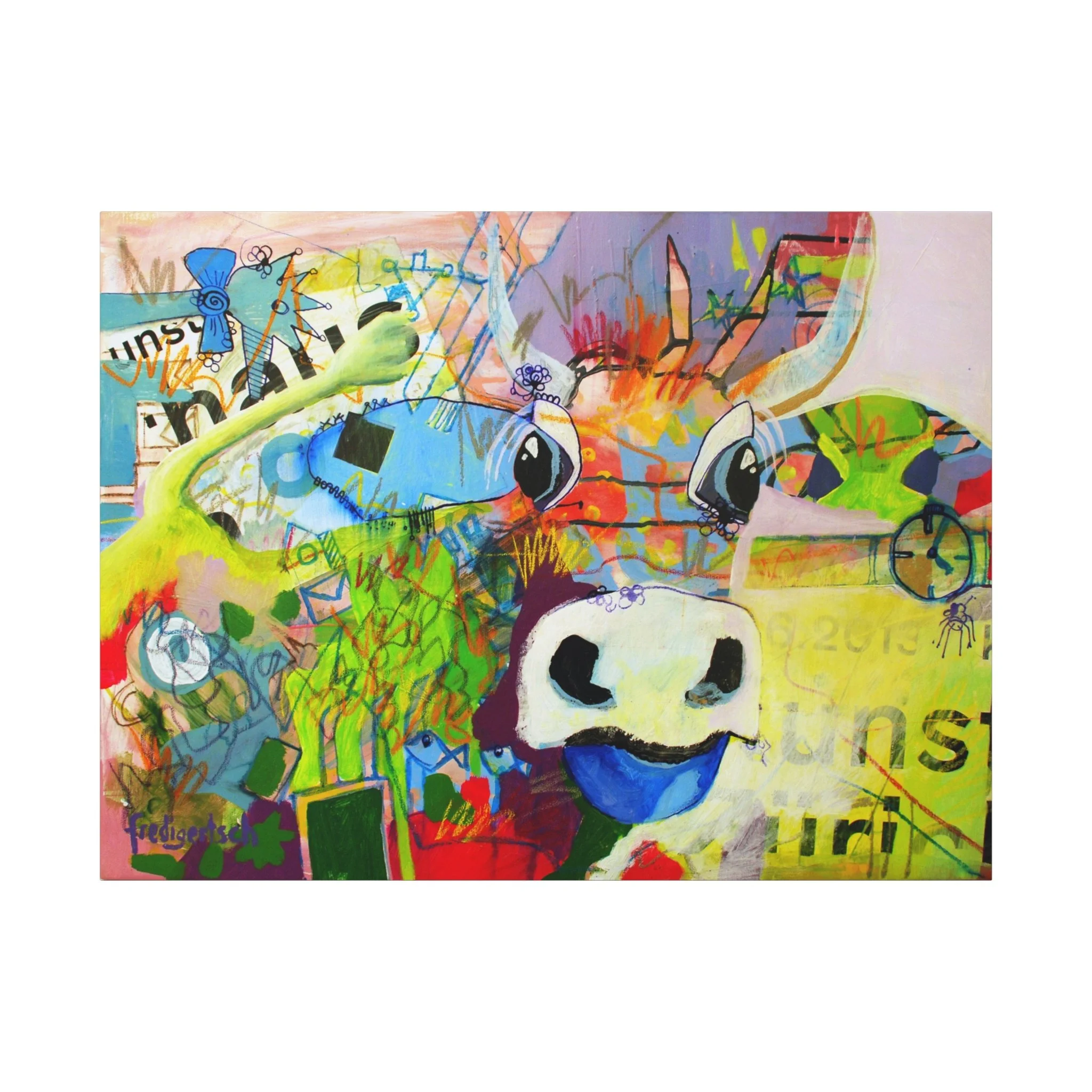 Baby On Art, Kunstdruck nach dem Original von Fredi Gertsch (2013), Schweizer Kunst als farbige Pop-Art-Collage mit Kuhmotiv, Symbolen und urbanem Atelier-Feeling, Serie Highlights 2013