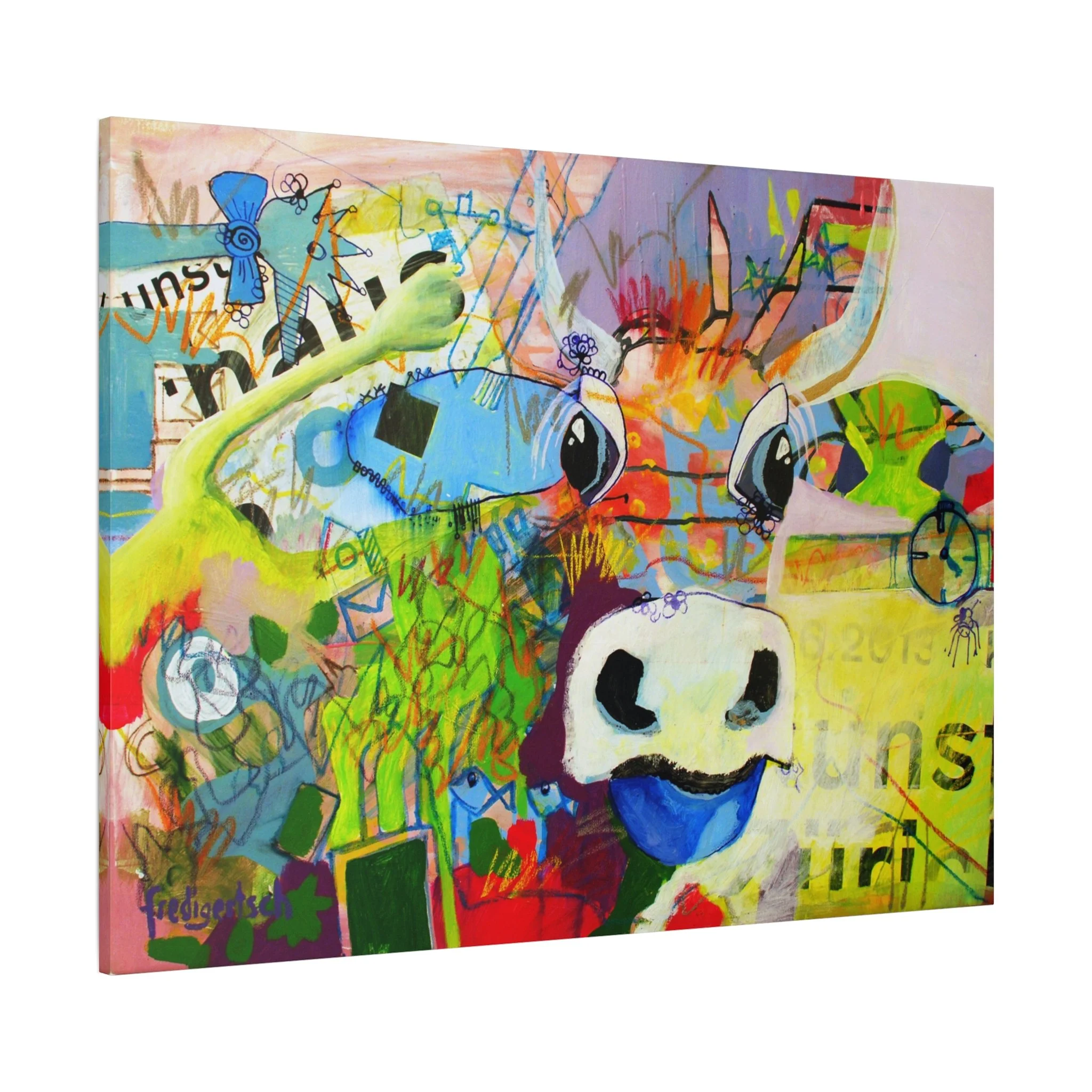 Baby On Art, Kunstdruck nach dem Original von Fredi Gertsch (2013), Schweizer Kunst als farbige Pop-Art-Collage mit Kuhmotiv, Symbolen und urbanem Atelier-Feeling, Serie Highlights 2013