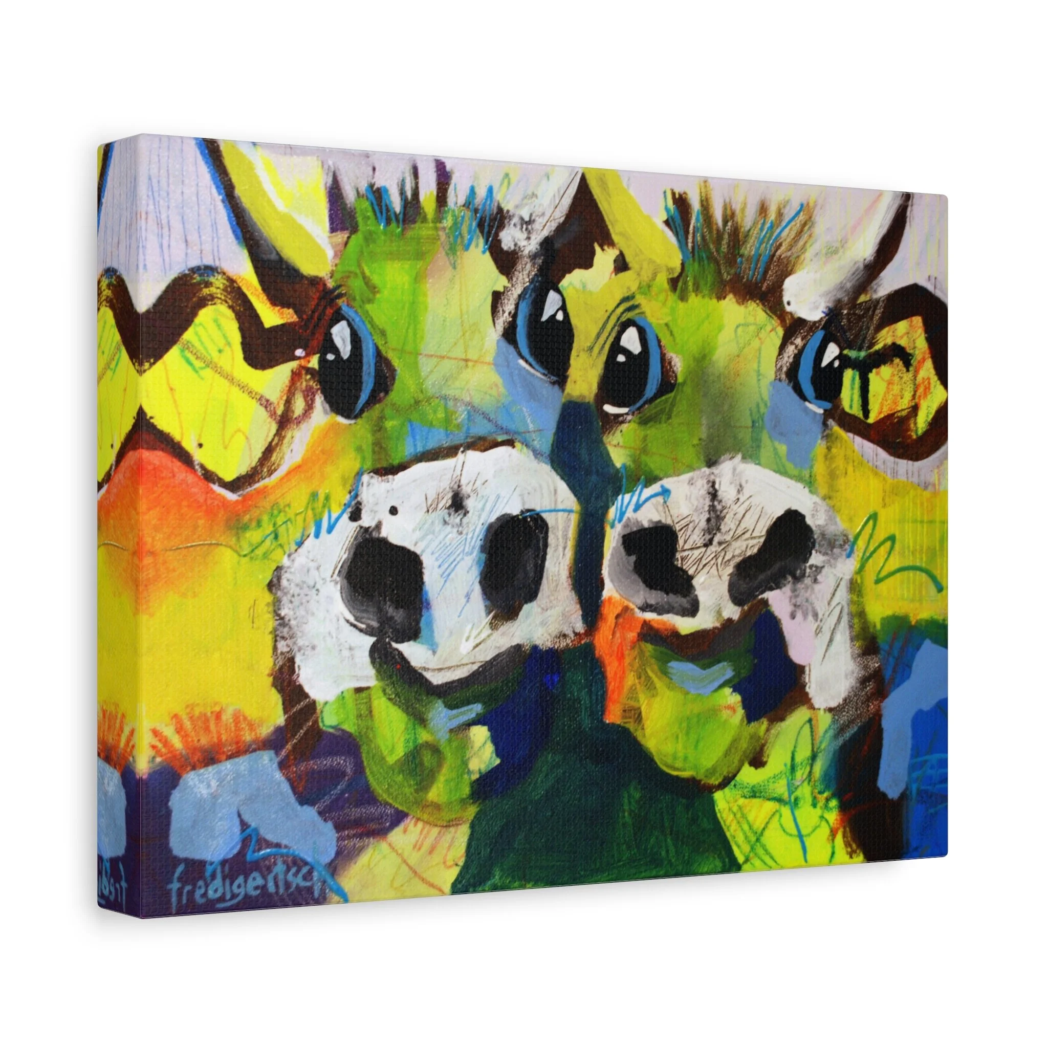 A-Hörnchen & B-Hörnchen, Kunstdruck nach dem Original von Fredi Gertsch (2013), Schweizer Kunst mit zwei Kuhporträts in Grün, Gelb und Blau mit hellen Schnauzen, Serie Highlights 2013