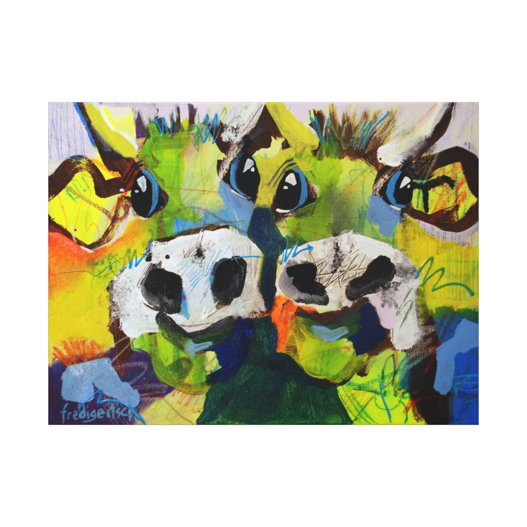 A-Hörnchen & B-Hörnchen, Kunstdruck nach dem Original von Fredi Gertsch (2013), Schweizer Kunst mit zwei Kuhporträts in Grün, Gelb und Blau mit hellen Schnauzen, Serie Highlights 2013