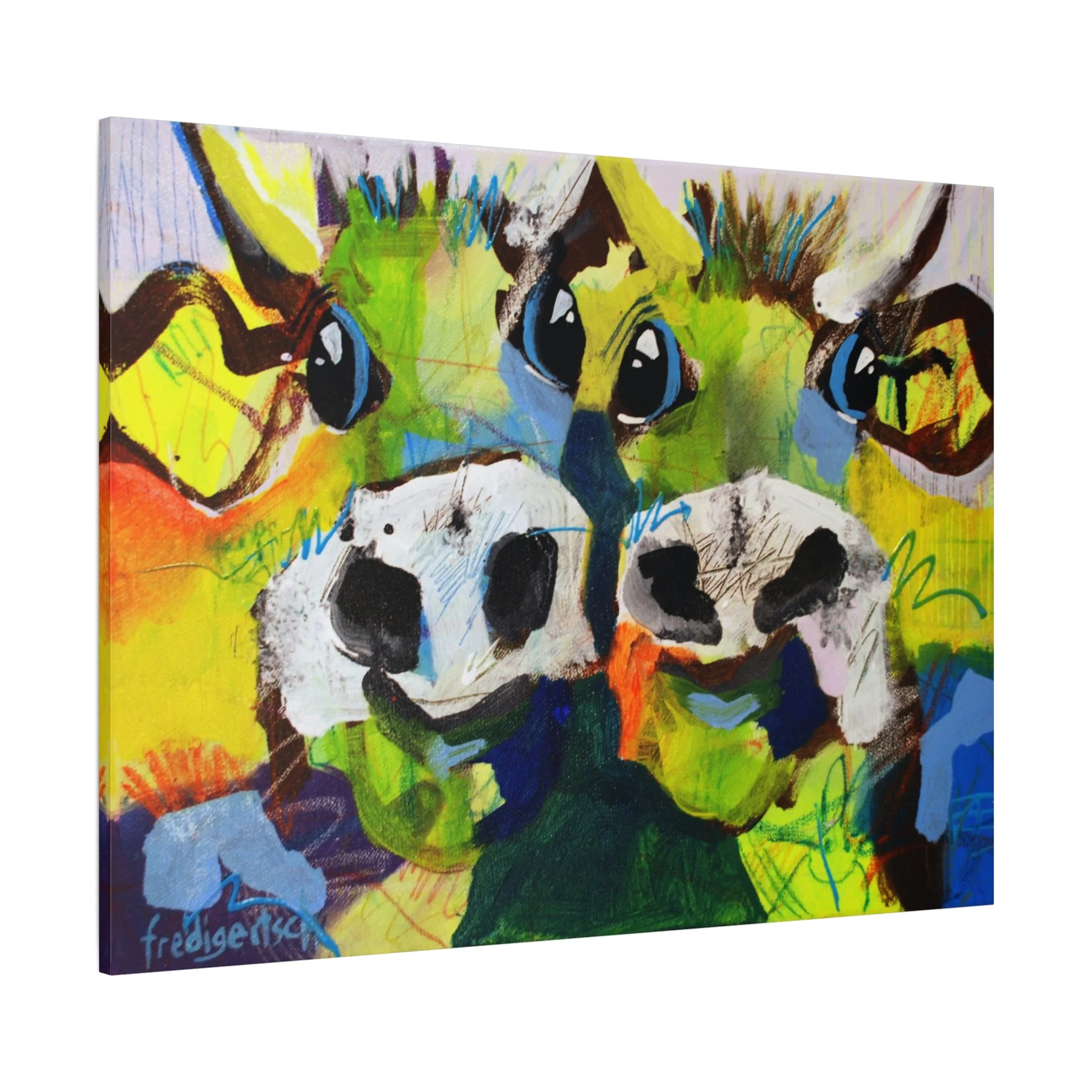 A-Hörnchen & B-Hörnchen, Kunstdruck nach dem Original von Fredi Gertsch (2013), Schweizer Kunst mit zwei Kuhporträts in Grün, Gelb und Blau mit hellen Schnauzen, Serie Highlights 2013