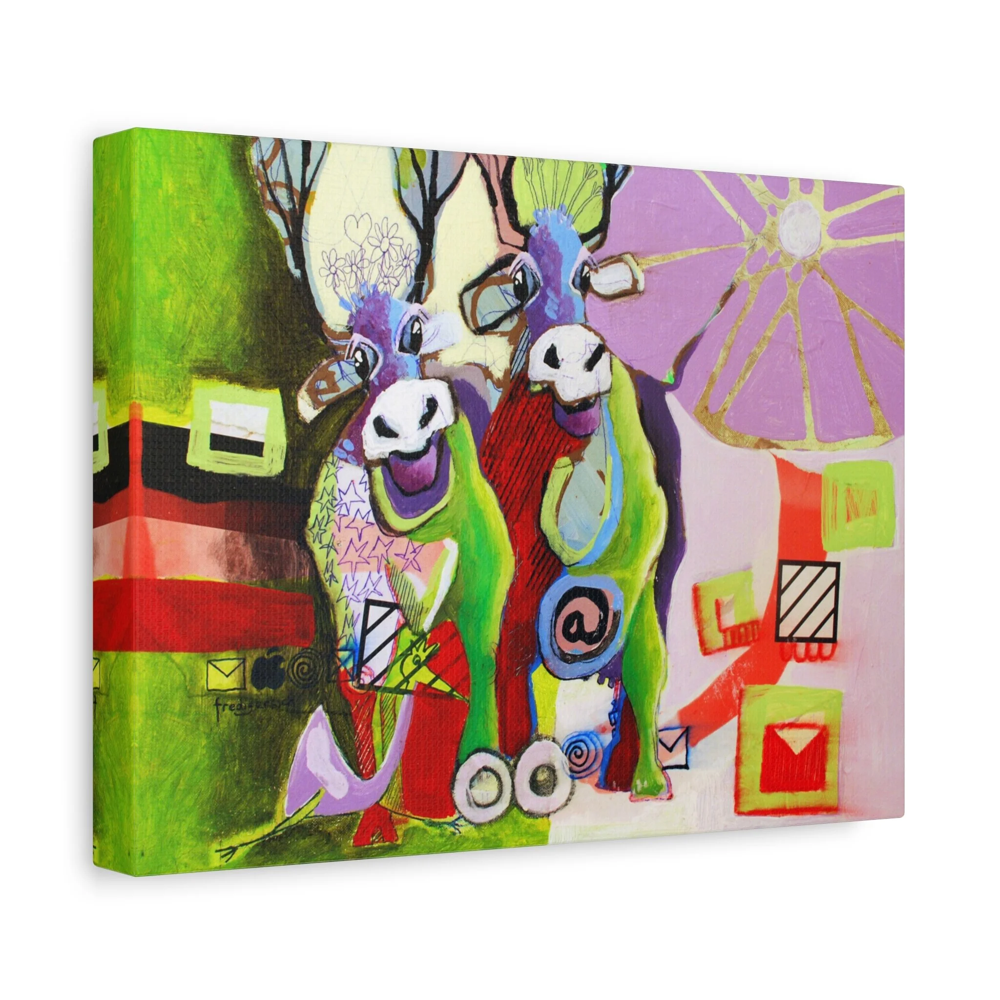 AB-Hörnchen, Kunstdruck nach dem Original von Fredi Gertsch (2013), Schweizer Kunst mit zwei Kuhfiguren in Grün und Violett mit Pop-Art-Symbolen, Serie Highlights 2013