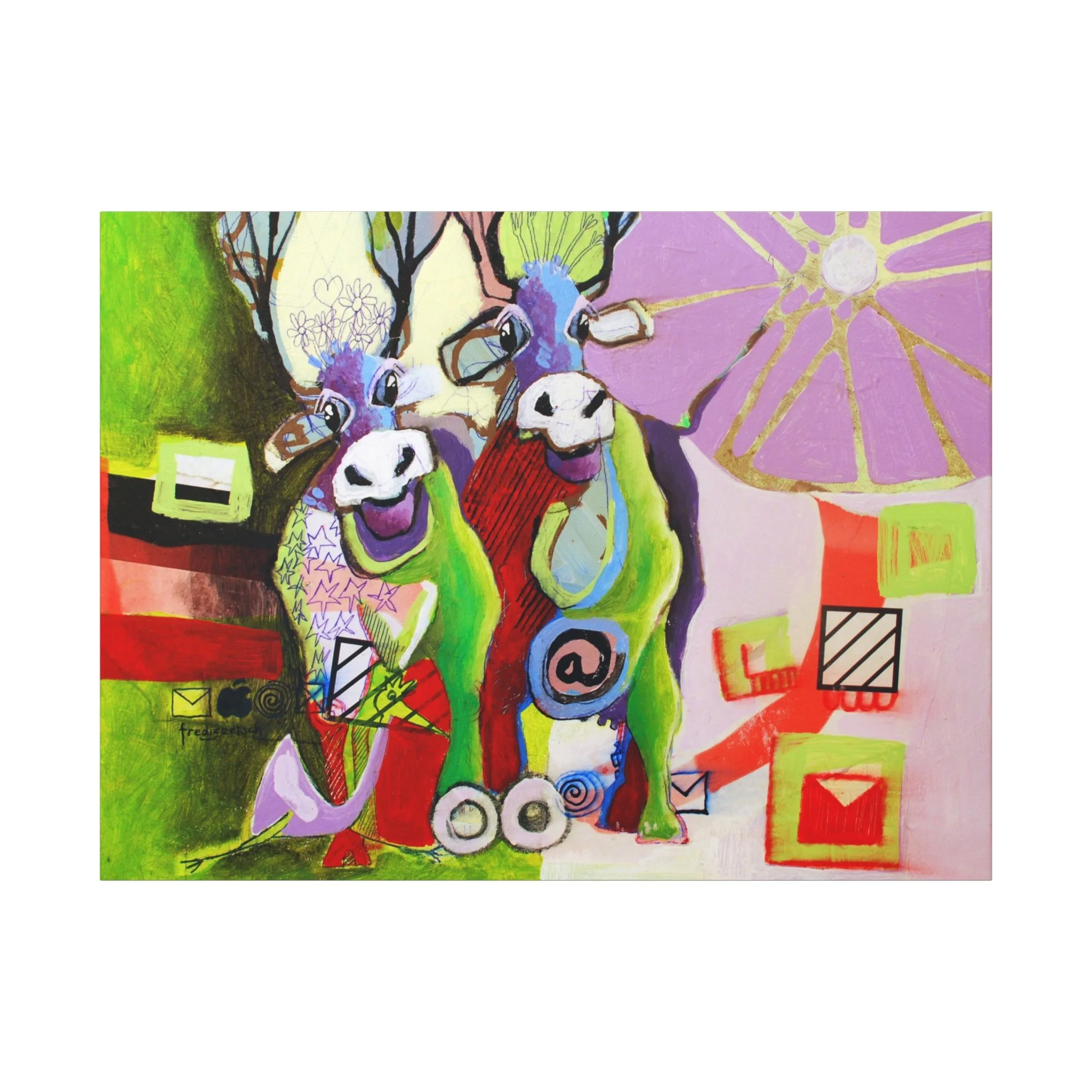 AB-Hörnchen, Kunstdruck nach dem Original von Fredi Gertsch (2013), Schweizer Kunst mit zwei Kuhfiguren in Grün und Violett mit Pop-Art-Symbolen, Serie Highlights 2013