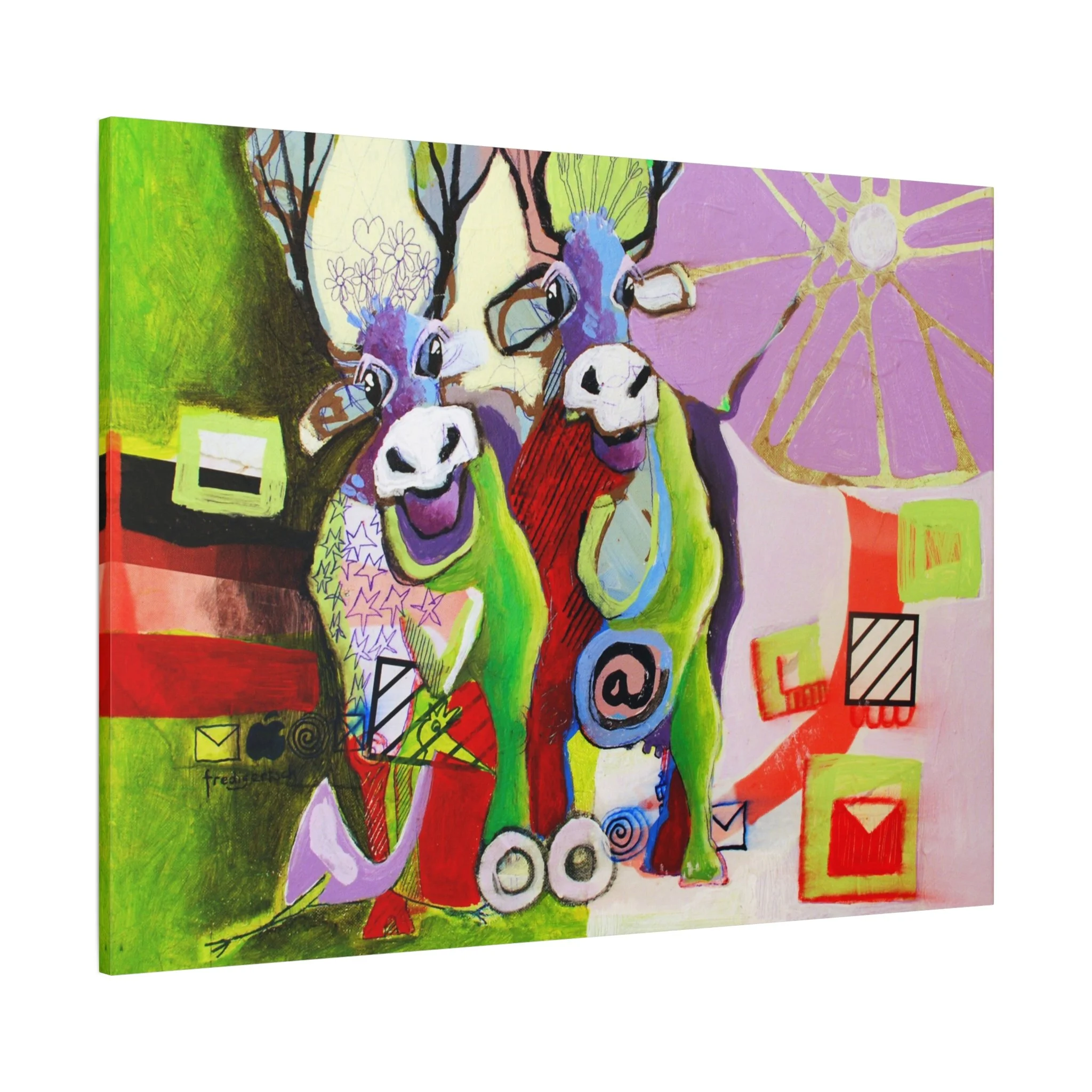 AB-Hörnchen, Kunstdruck nach dem Original von Fredi Gertsch (2013), Schweizer Kunst mit zwei Kuhfiguren in Grün und Violett mit Pop-Art-Symbolen, Serie Highlights 2013
