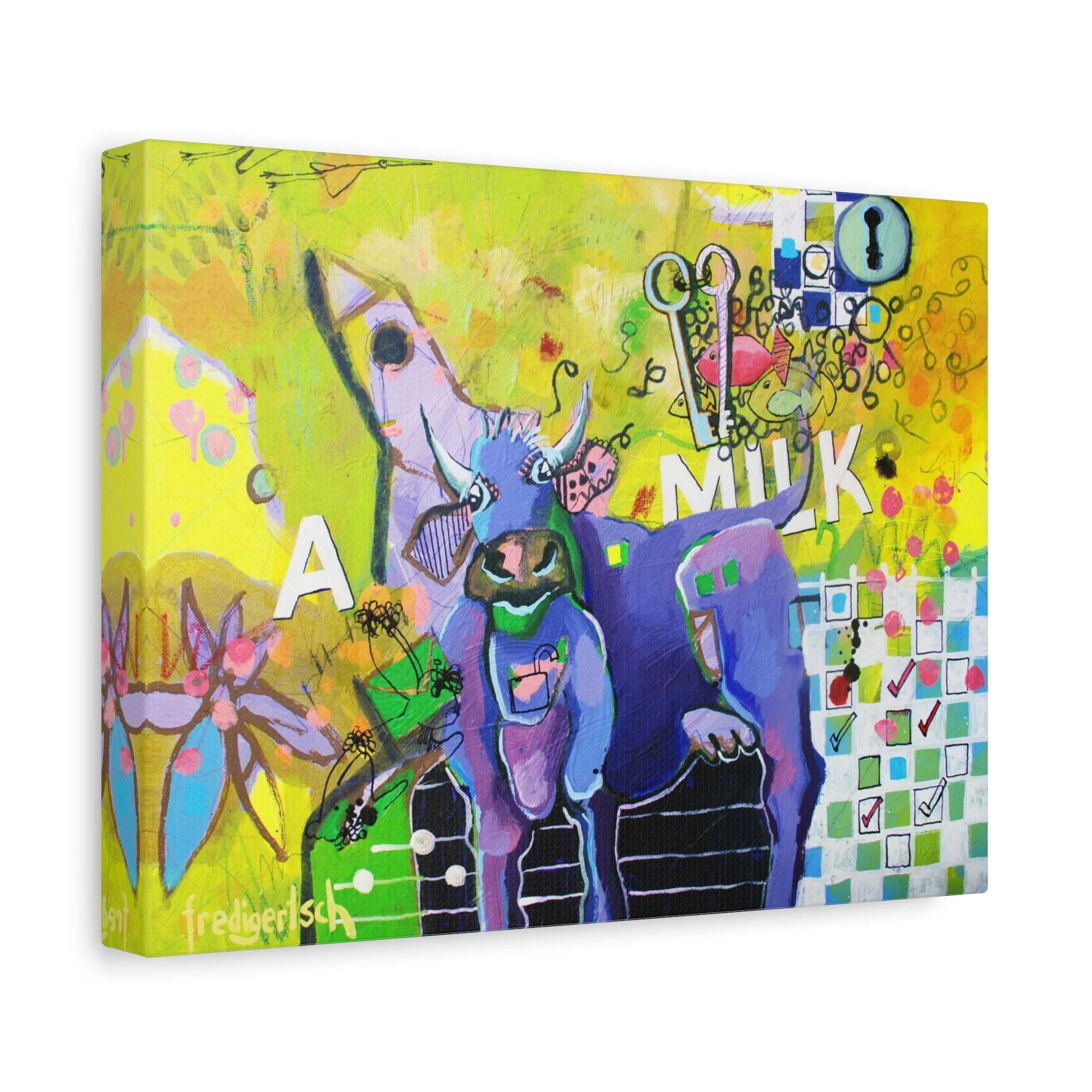 Schlüssel zum Erfolg, Kunstdruck nach dem Original von Fredi Gertsch (2013), Schweizer Kunst mit Kuhmotiv, Schlüssel-Symbol und gelb-grünem Hintergrund, Serie Highlights 2013