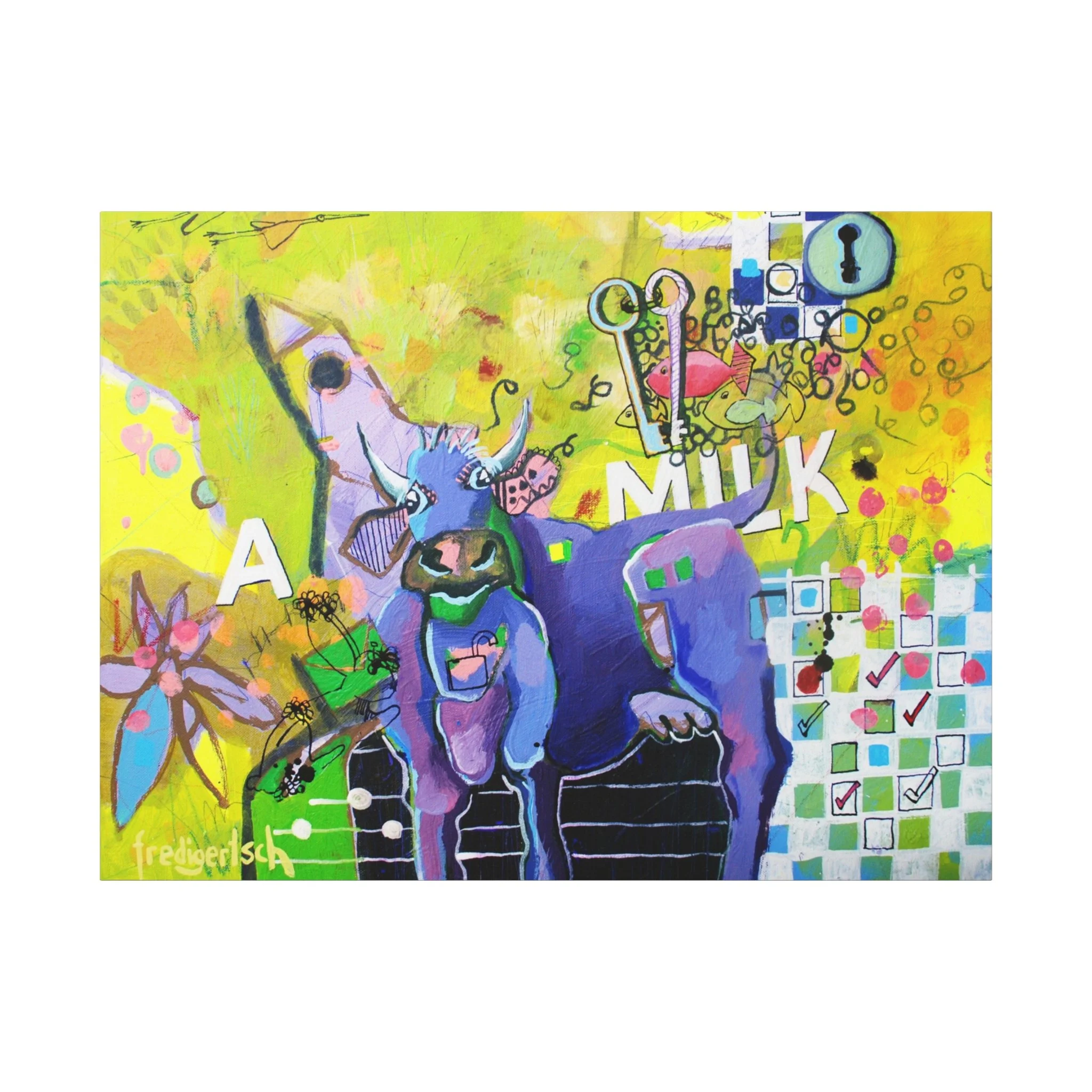 Schlüssel zum Erfolg, Kunstdruck nach dem Original von Fredi Gertsch (2013), Schweizer Kunst mit Kuhmotiv, Schlüssel-Symbol und gelb-grünem Hintergrund, Serie Highlights 2013