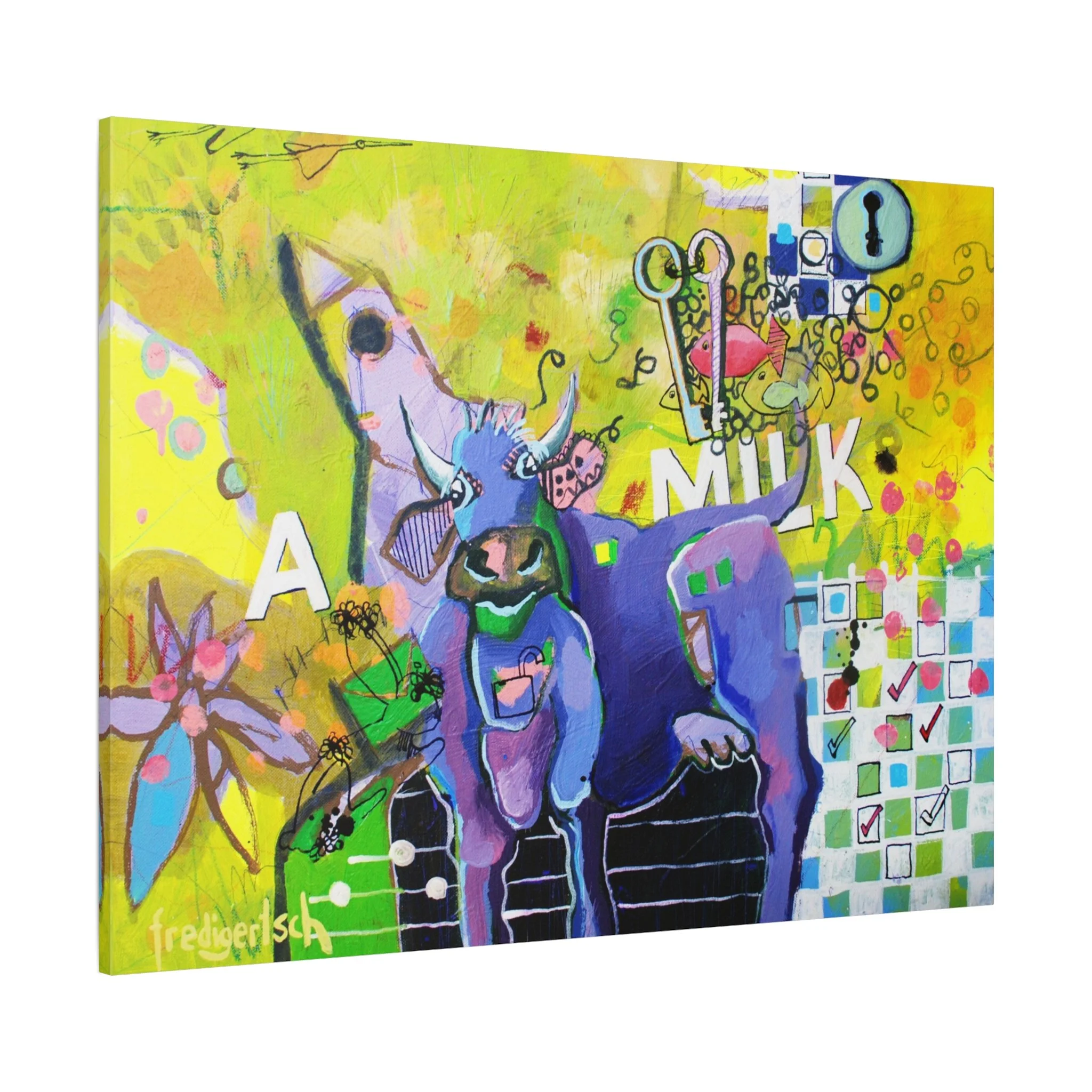 Schlüssel zum Erfolg, Kunstdruck nach dem Original von Fredi Gertsch (2013), Schweizer Kunst mit Kuhmotiv, Schlüssel-Symbol und gelb-grünem Hintergrund, Serie Highlights 2013