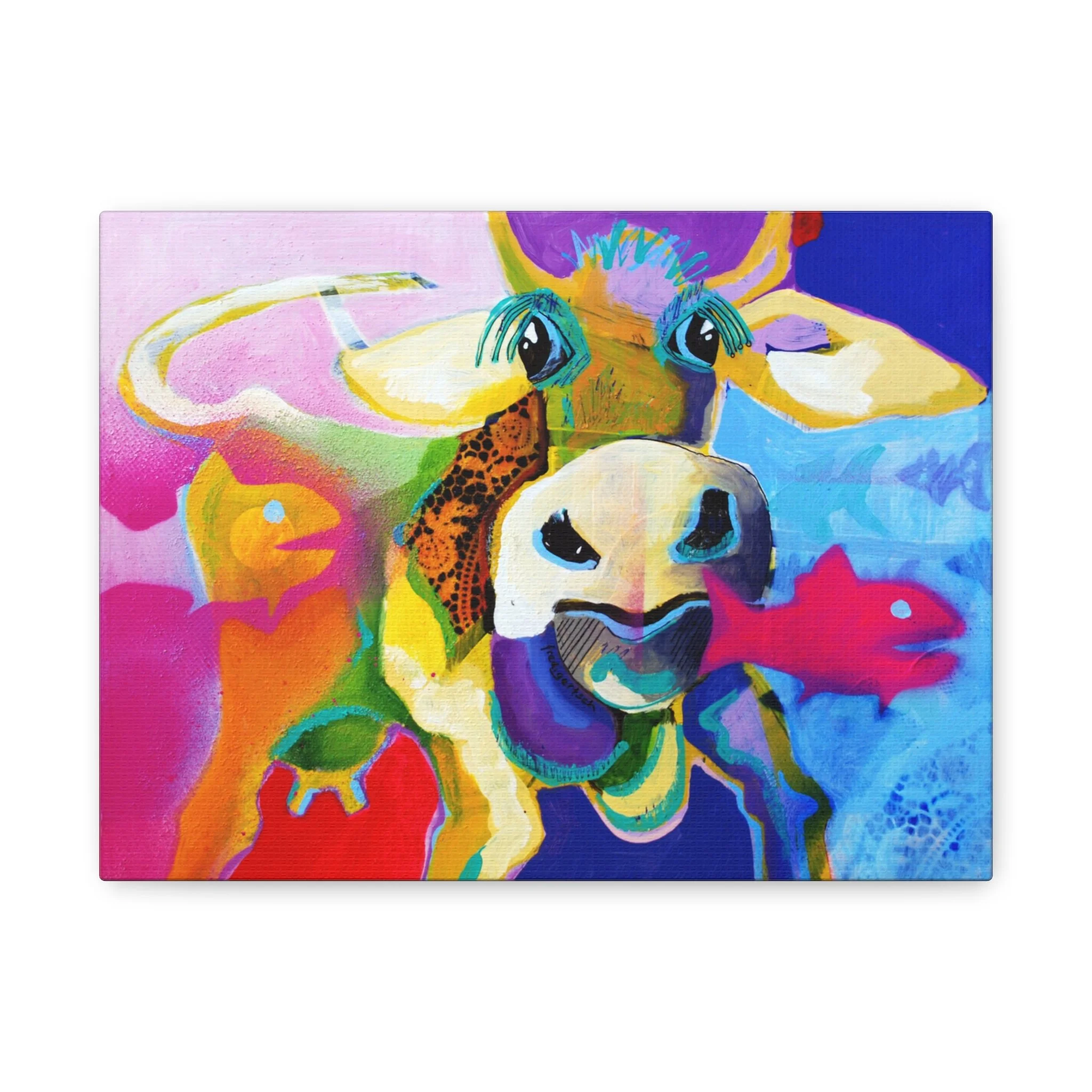 Fischers Kuh, die Illsebill, Kunstdruck nach dem Original von Fredi Gertsch (2013), Schweizer Kunst mit farbigem Kuhporträt in Pink, Blau und Orange, Serie Highlights 2013