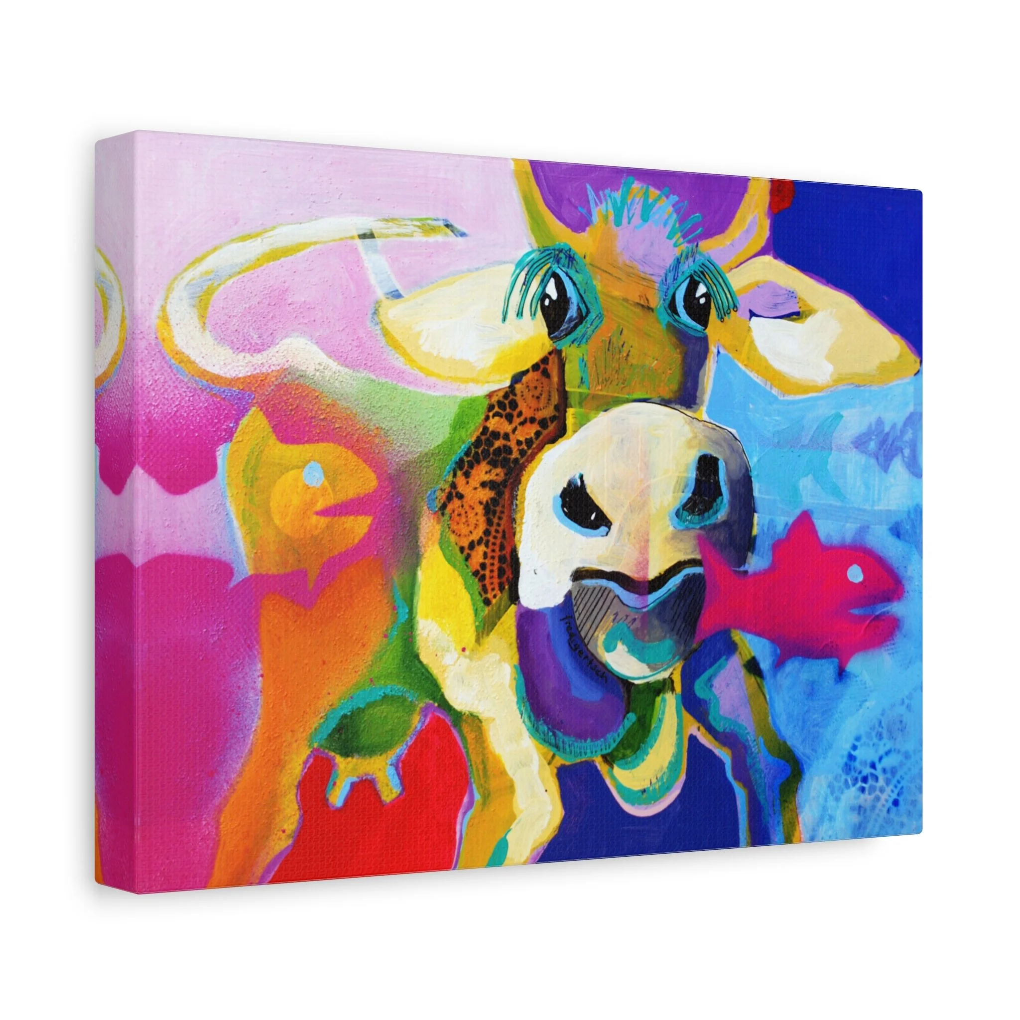 Fischers Kuh, die Illsebill, Kunstdruck nach dem Original von Fredi Gertsch (2013), Schweizer Kunst mit farbigem Kuhporträt in Pink, Blau und Orange, Serie Highlights 2013