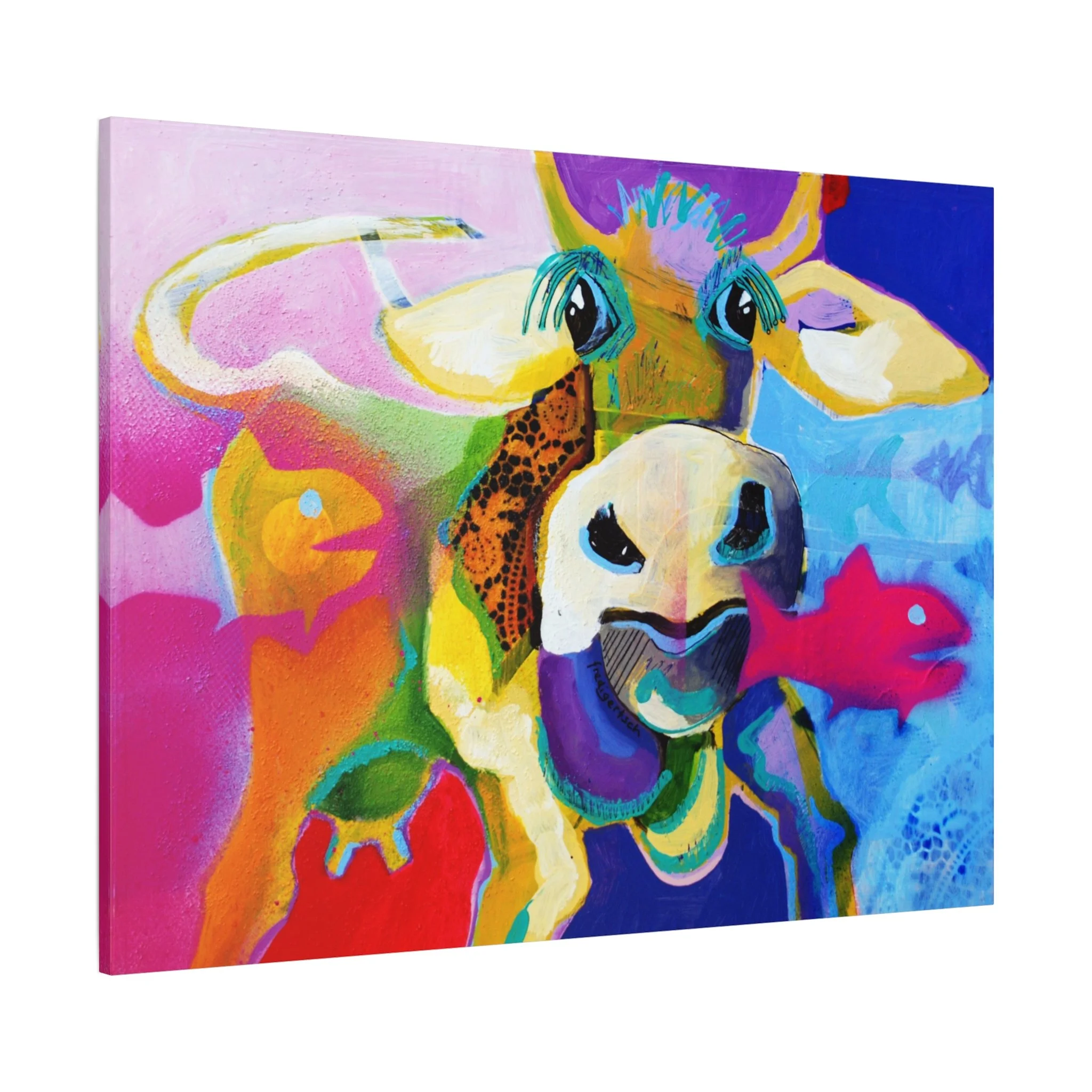 Fischers Kuh, die Illsebill, Kunstdruck nach dem Original von Fredi Gertsch (2013), Schweizer Kunst mit farbigem Kuhporträt in Pink, Blau und Orange, Serie Highlights 2013