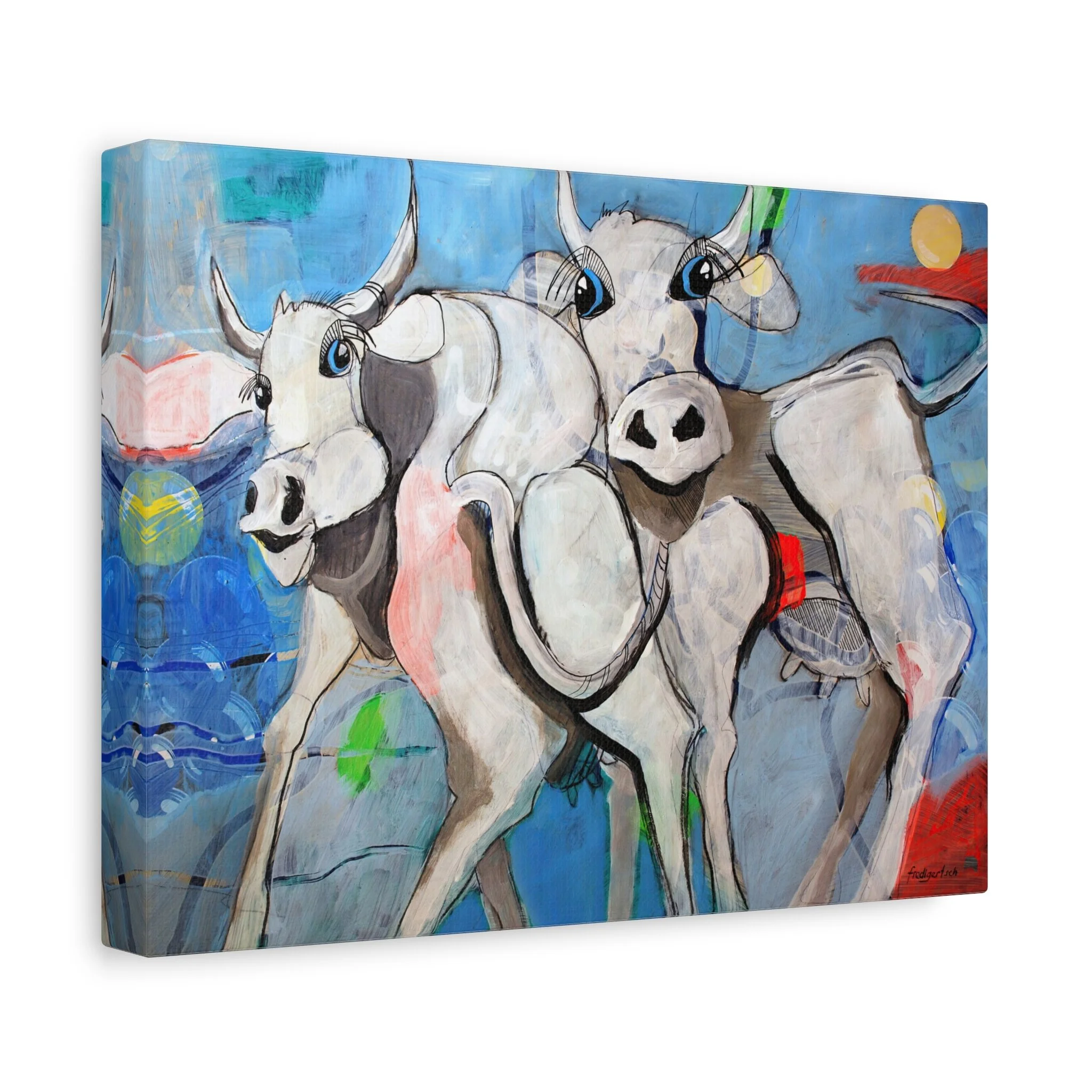 Kuhl im Mondschein, Kunstdruck nach dem Original von Fredi Gertsch (2013), Schweizer Kunst mit zwei Kühen in blauer Nachtstimmung und Mondschein, Serie Highlights 2013