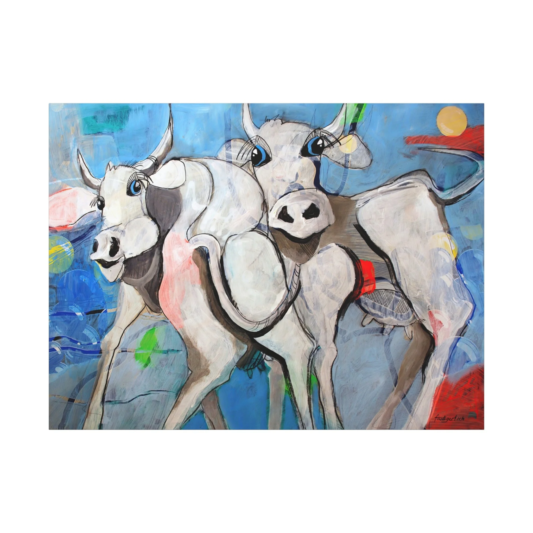 Kuhl im Mondschein, Kunstdruck nach dem Original von Fredi Gertsch (2013), Schweizer Kunst mit zwei Kühen in blauer Nachtstimmung und Mondschein, Serie Highlights 2013