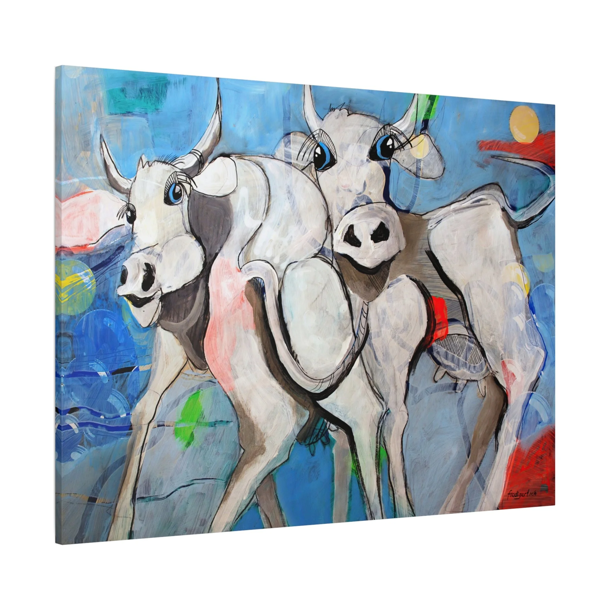 Kuhl im Mondschein, Kunstdruck nach dem Original von Fredi Gertsch (2013), Schweizer Kunst mit zwei Kühen in blauer Nachtstimmung und Mondschein, Serie Highlights 2013