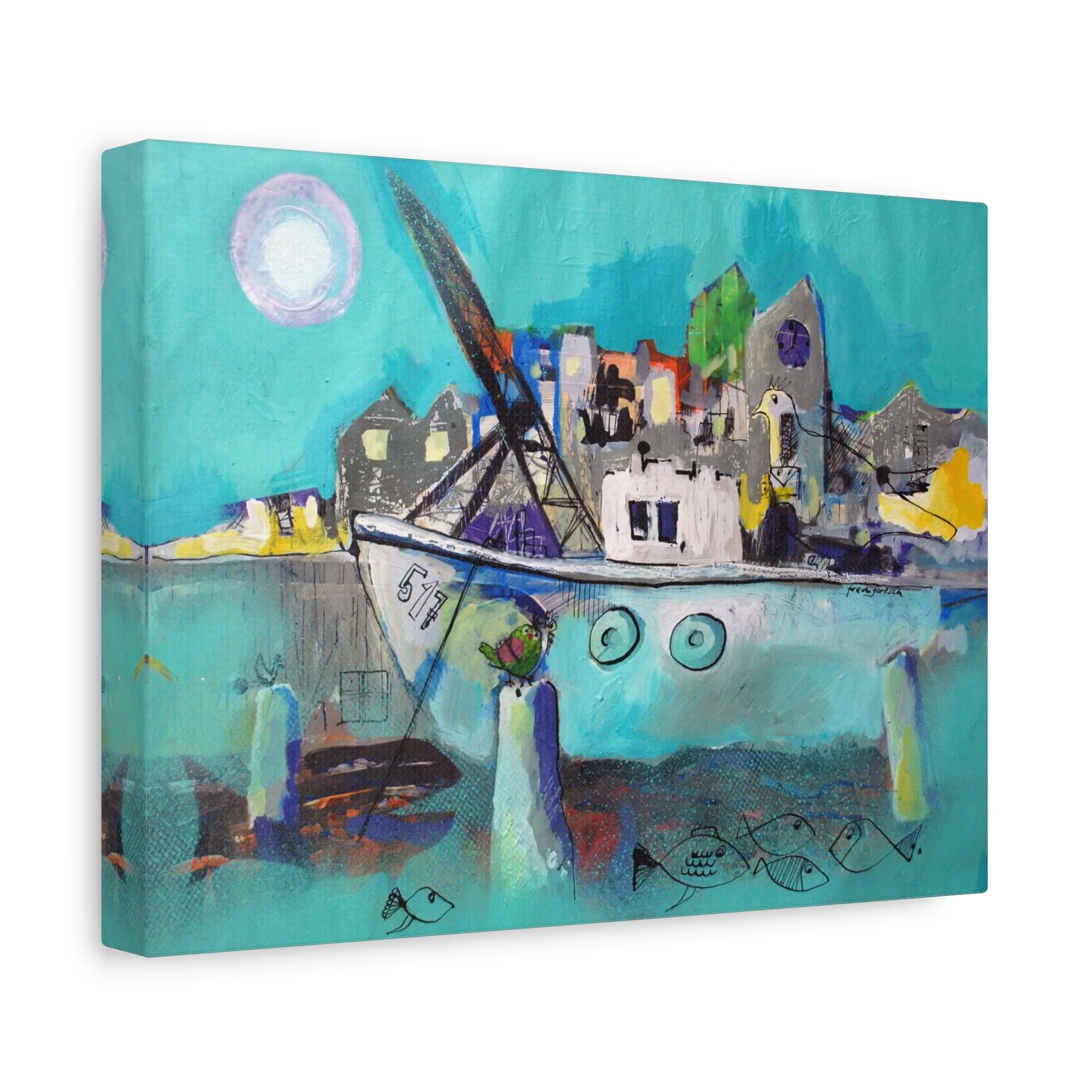 Vollmond im Hafen, Kunstdruck nach dem Original von Fredi Gertsch (2013), Schweizer Kunst mit Hafenmotiv, Boot und Vollmond in Türkis-Blau, Serie Highlights 2013