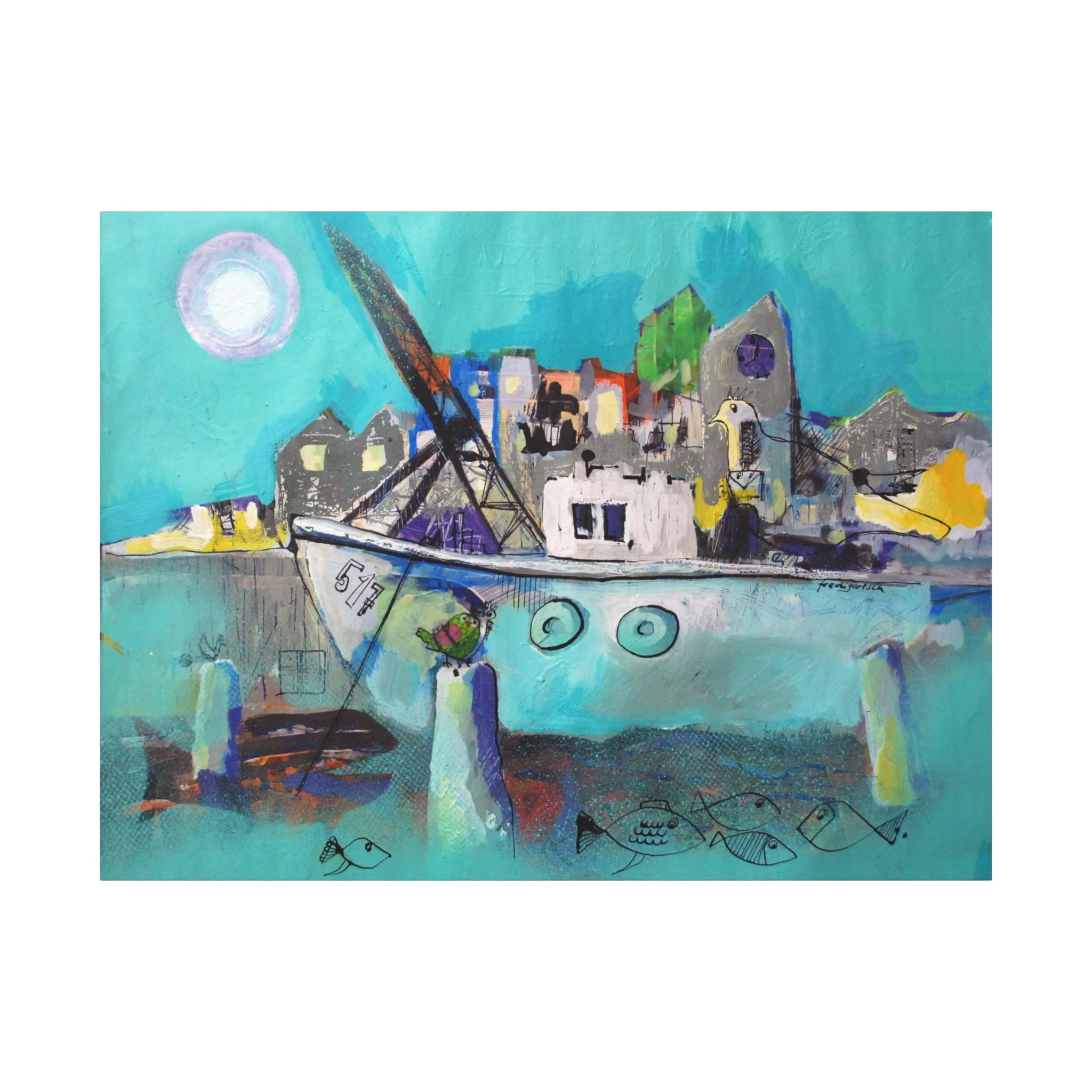 Vollmond im Hafen, Kunstdruck nach dem Original von Fredi Gertsch (2013), Schweizer Kunst mit Hafenmotiv, Boot und Vollmond in Türkis-Blau, Serie Highlights 2013