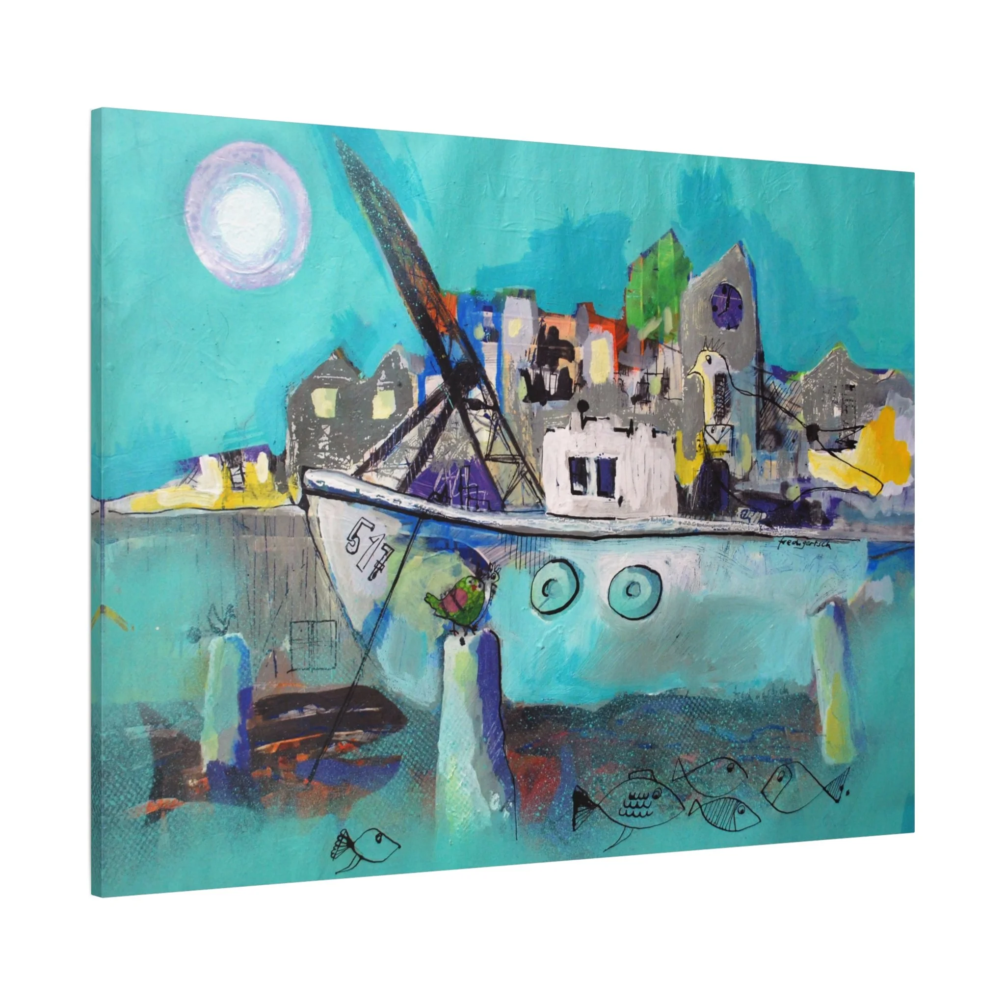Vollmond im Hafen, Kunstdruck nach dem Original von Fredi Gertsch (2013), Schweizer Kunst mit Hafenmotiv, Boot und Vollmond in Türkis-Blau, Serie Highlights 2013