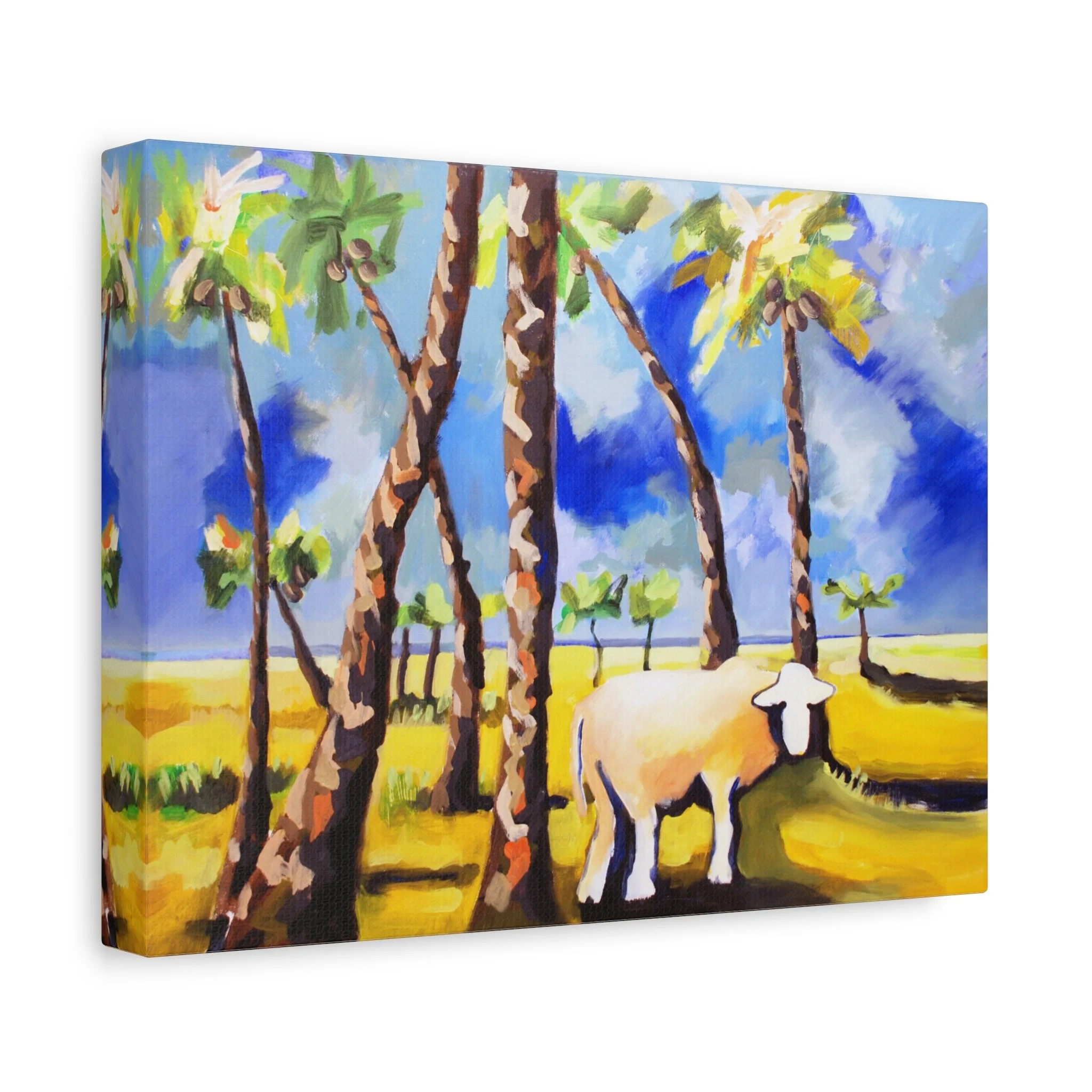 Riesenbaby, Kunstdruck nach dem Original von Fredi Gertsch (2013), Schweizer Kunst mit Palmen, Sommerlandschaft und Kuhmotiv in Gelb und Blau, Serie Highlights 2013